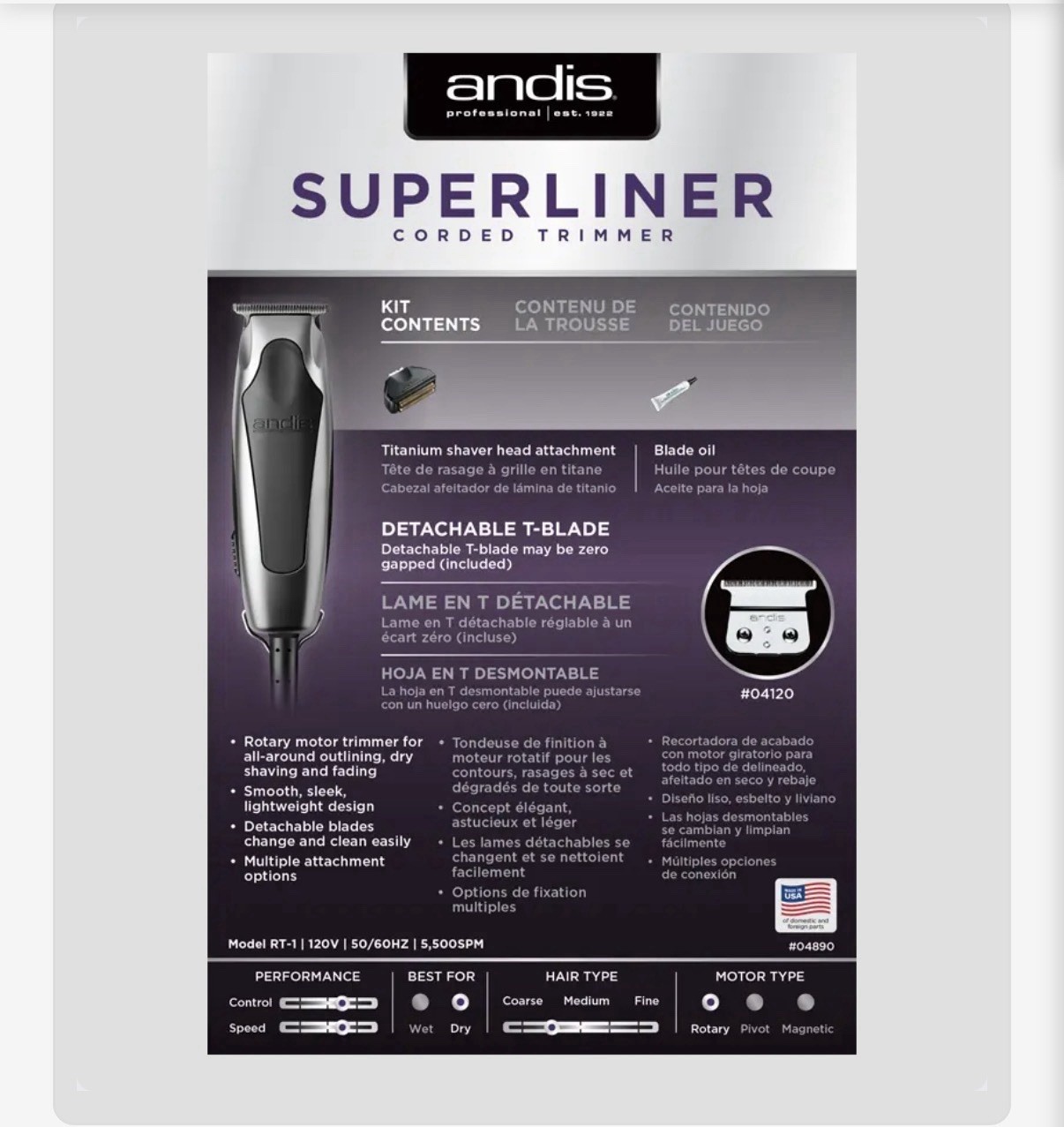Andis SuperLiner Corded Rotary Trimmer Detachable T-Blade Silver/Black Face