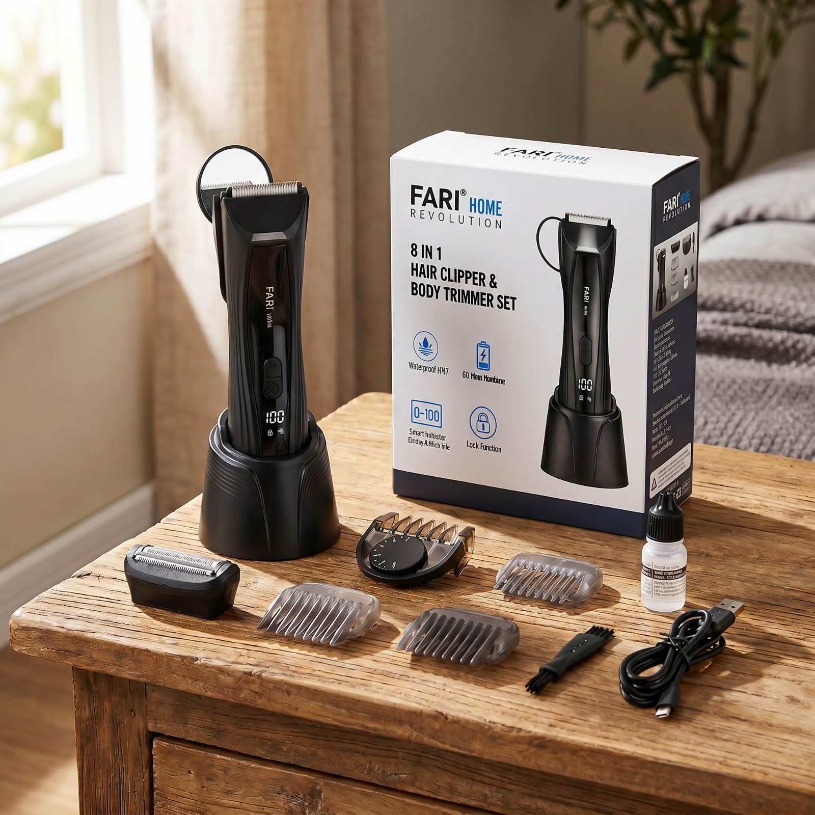 8-in-1 Electric Body & Beard Hair Trimmer, Waterproof Wet/Dry Clipper, LED Light