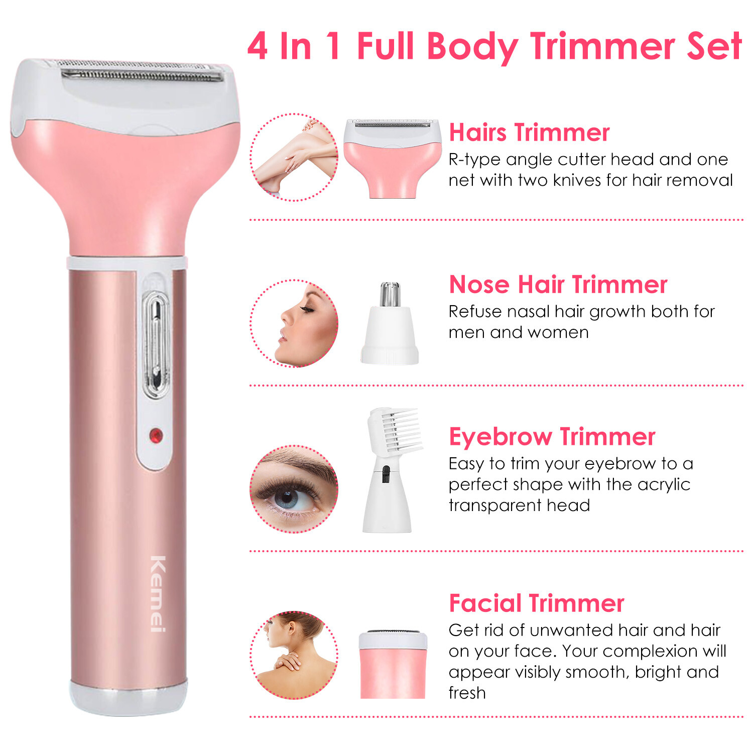 Kemei 4in1 Electric Epilator Women Personal Bikini Shaver Nose Leg Hairs Trimmer