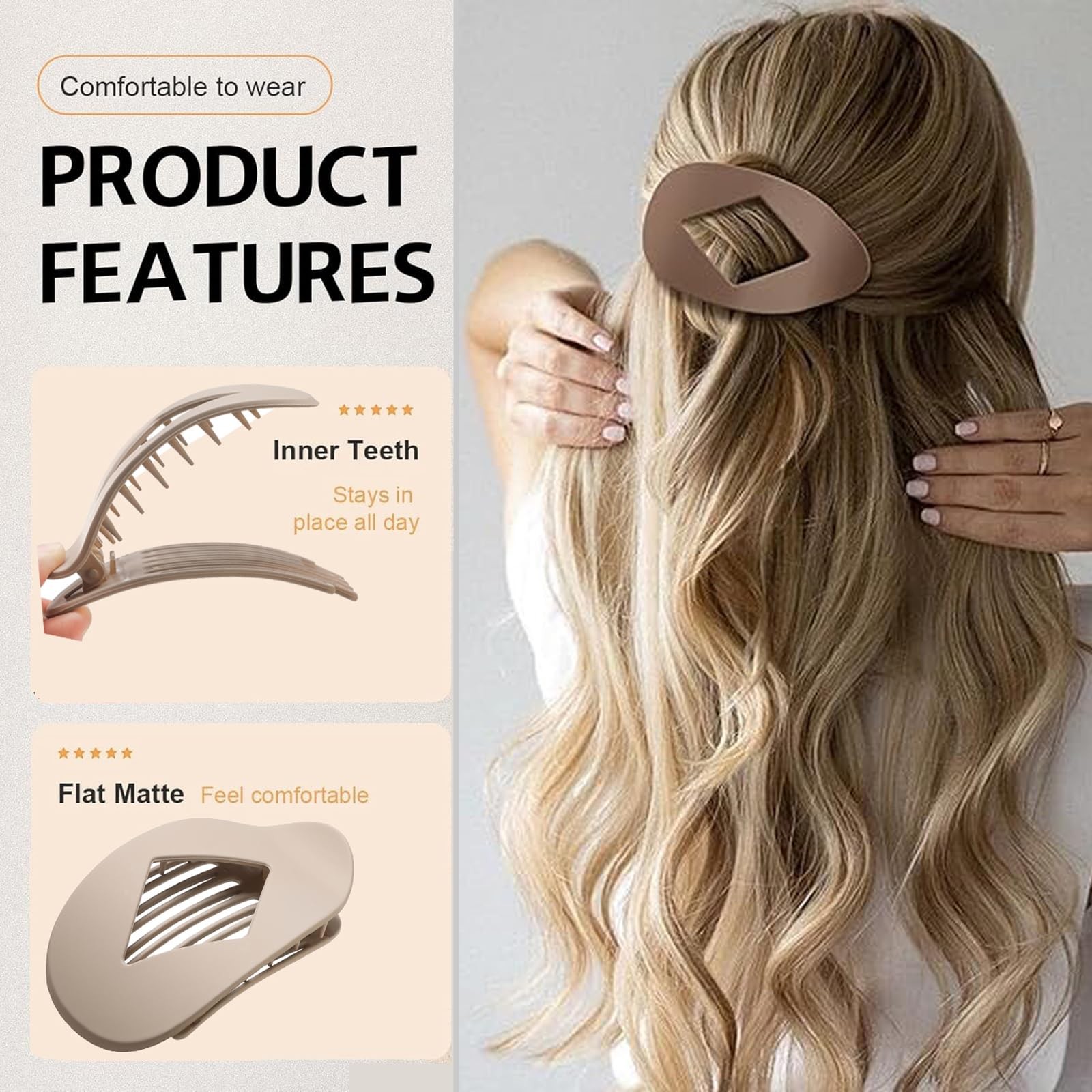 5 PCS Flat Hair Clips, No Crease Claw 1 Count (Pack of 5), Neutral Matte