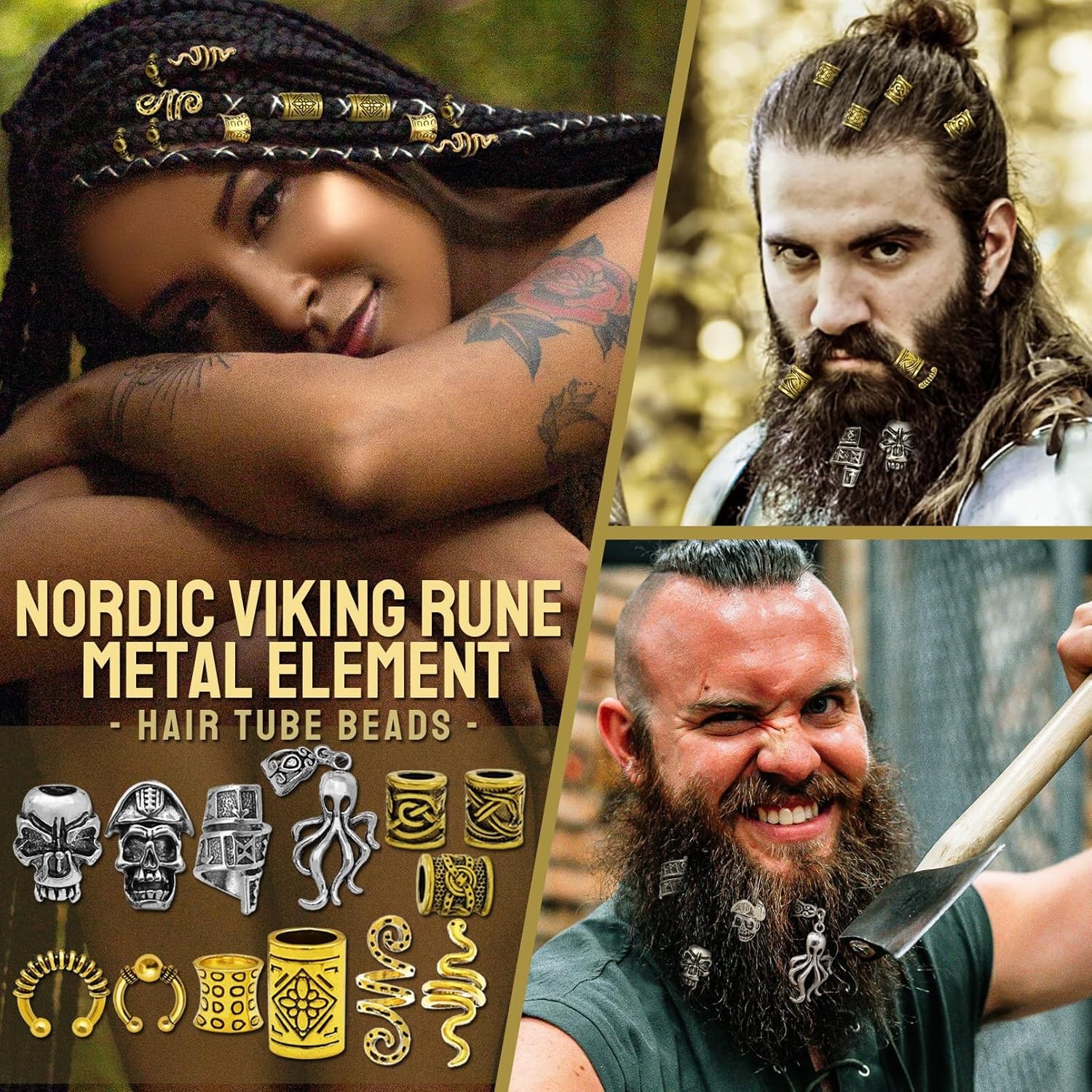 207Pcs Viking Hair Jewelry Nordic Runes Tube Beads,Accessories Gold n Silver
