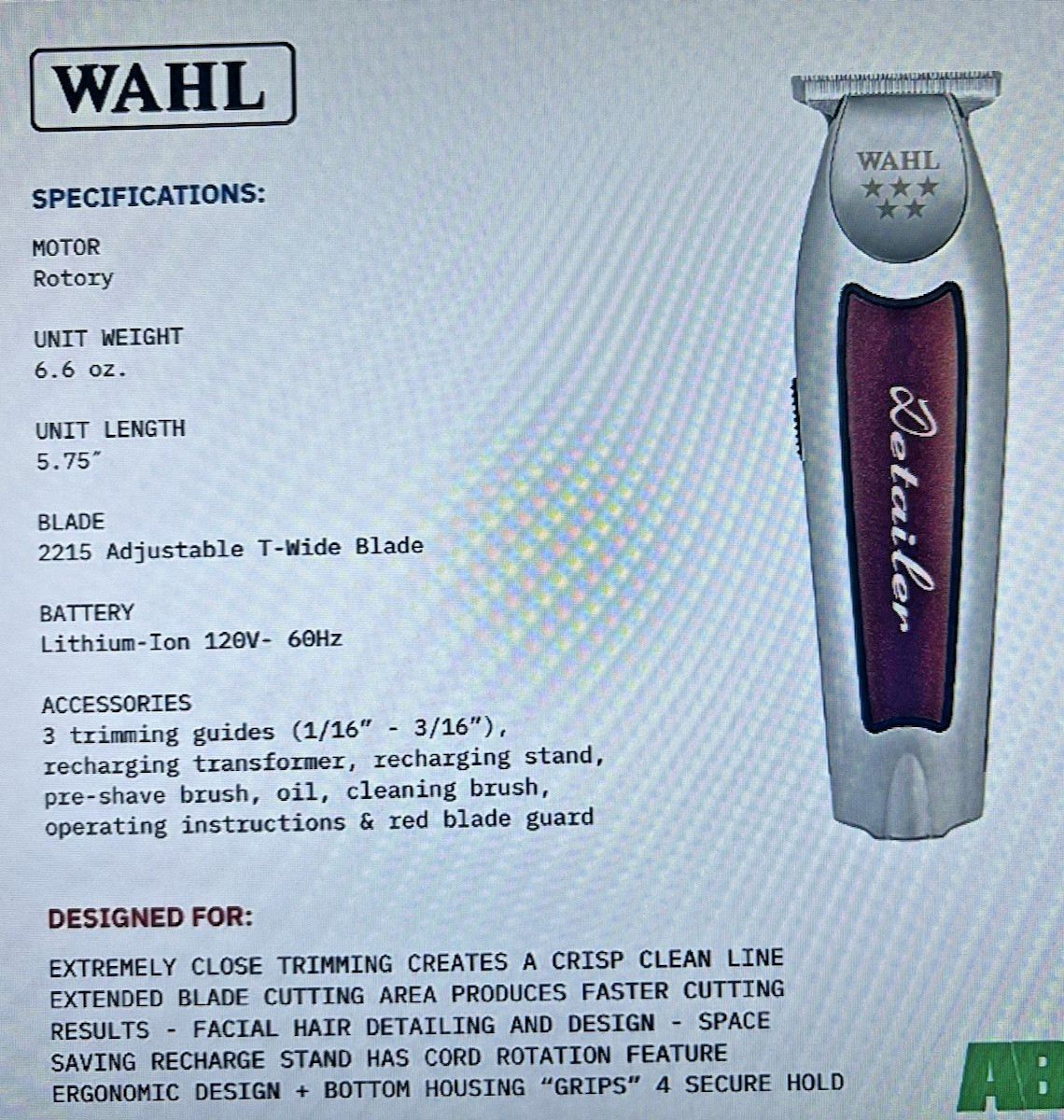 WAHL CORDLESS DETAILER LI EXTREMELY CLOSE T-WIDE BLADE 100 MIN RUN TIME # 08171
