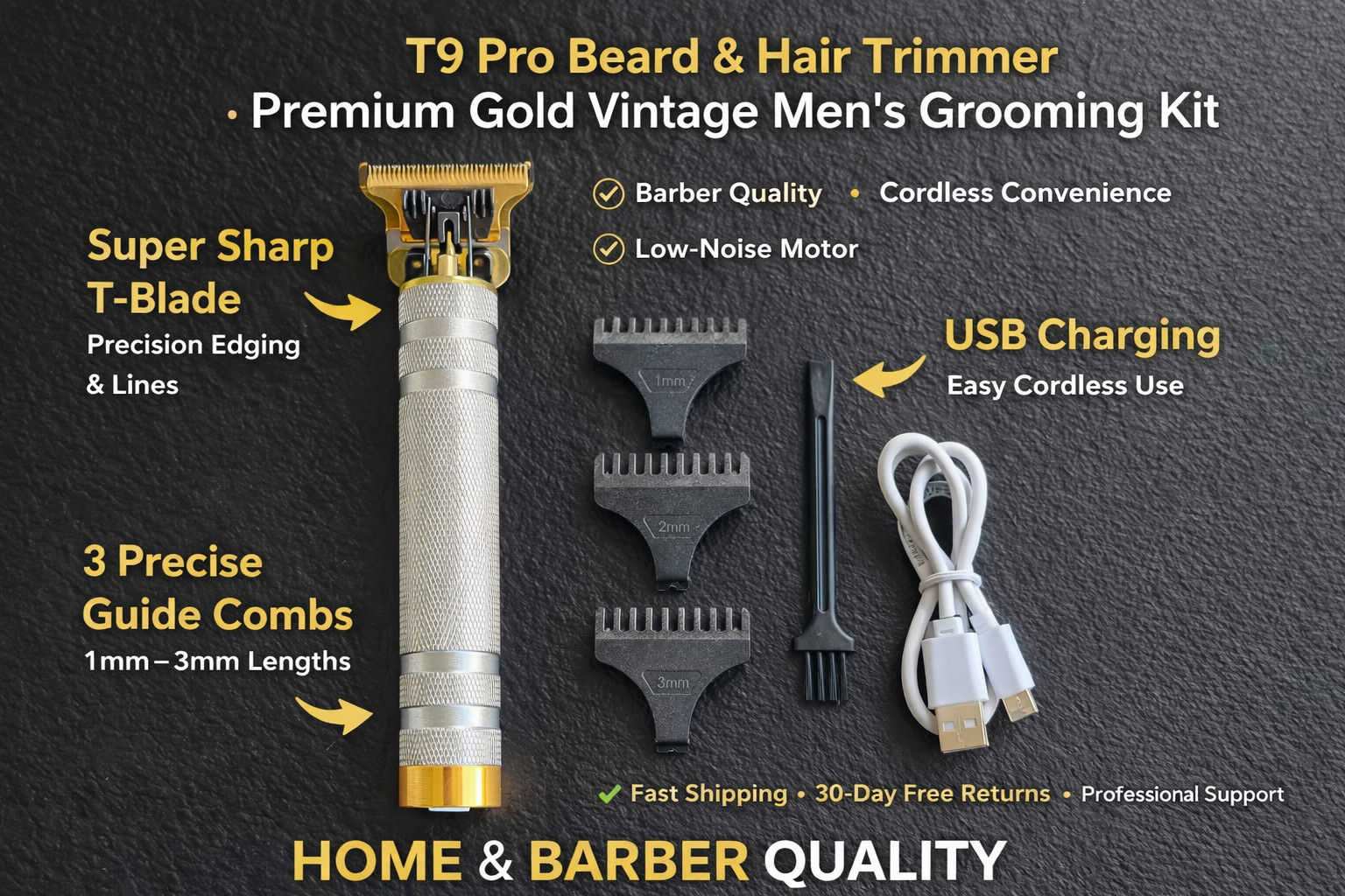 Vintage T9 Gold Beard Trimmer for Men – Cordless Hair Clipper Razor Barber Machi