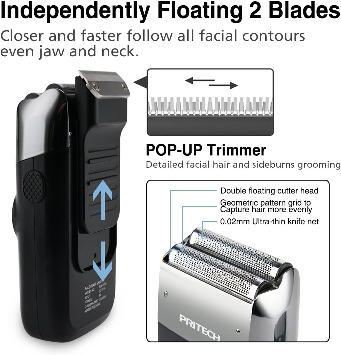 PRITECH 2-in-1 Bald Head Shaver & Trimmer, Cordless, 120-Min Runtime