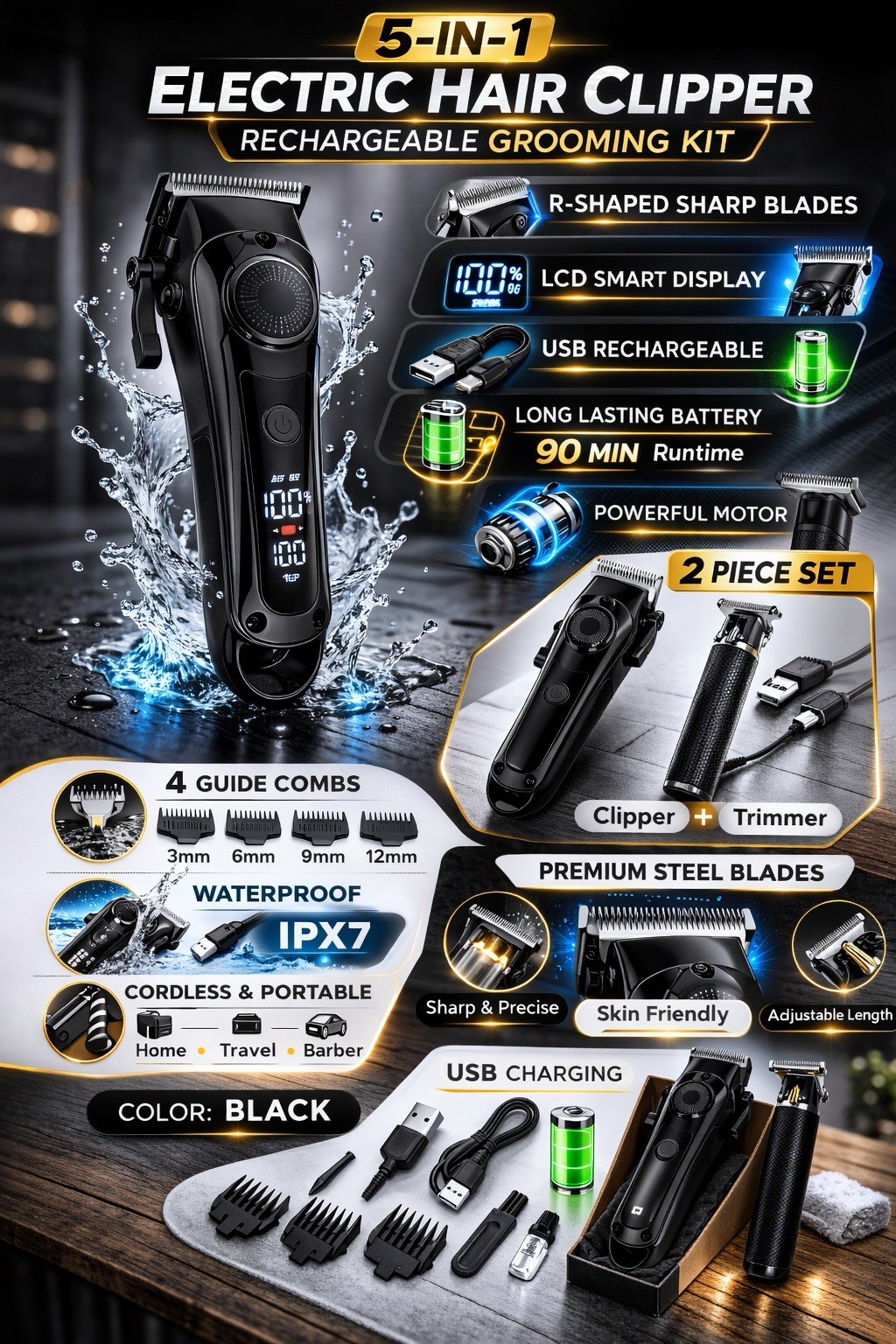 Professional Hair Clipper & Trimmer Set LCD Display USB Barber Kit Men