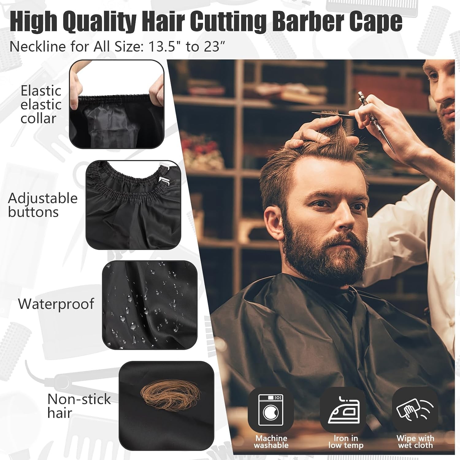 Black 10 in 1 Hair Cutting Barber Cape with Neck Duster Brush and Strips