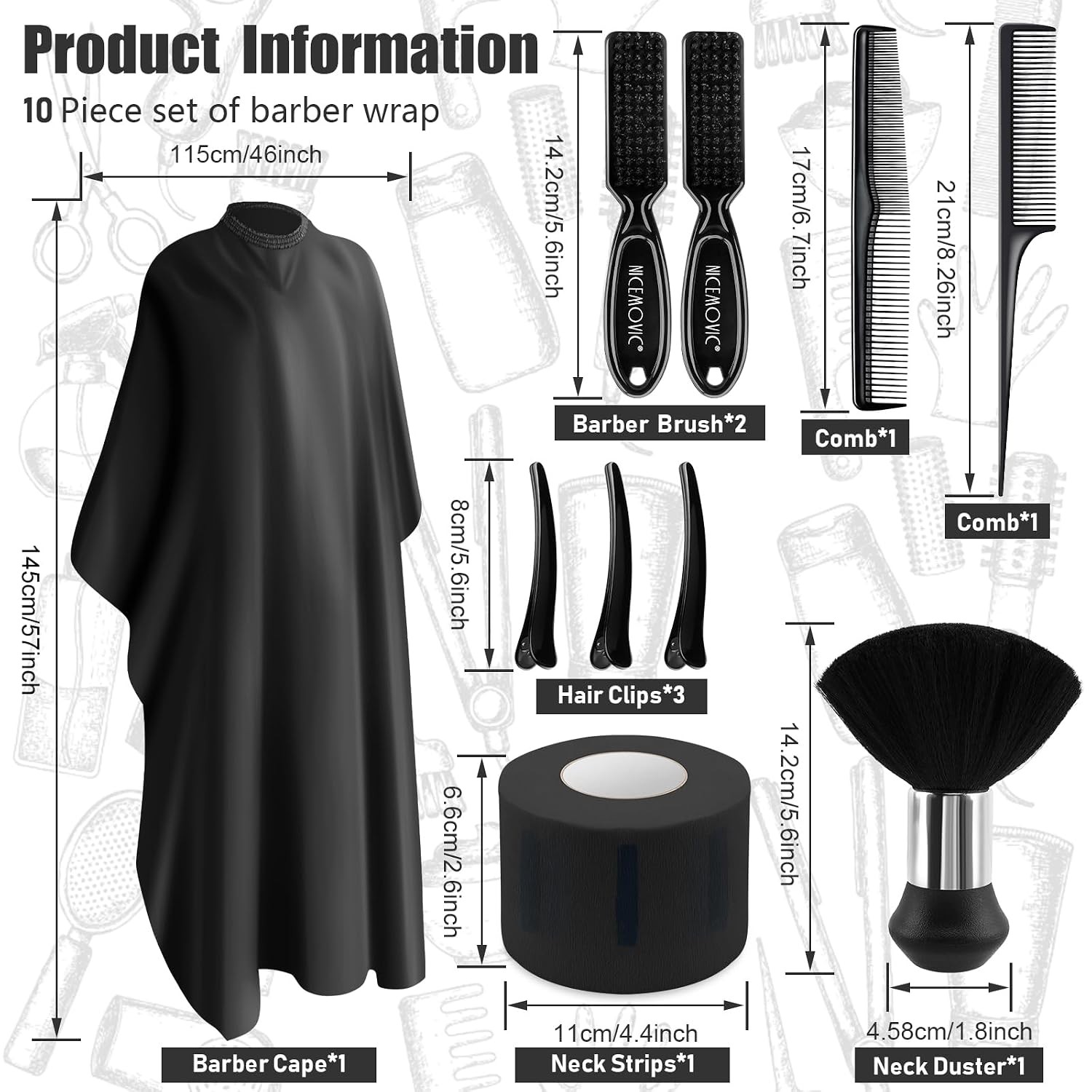 Black 10 in 1 Hair Cutting Barber Cape with Neck Duster Brush and Strips
