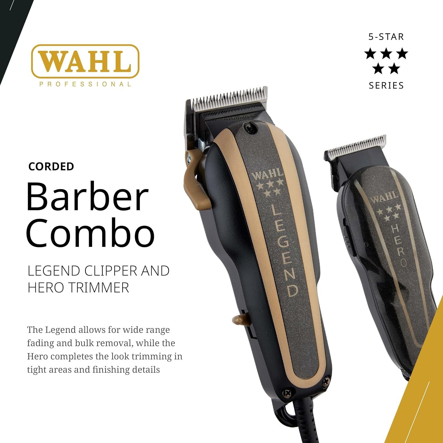 Wahl 8180 5-Star Barber Combo Legend Clipper and Hero Trimmer – Black/Gold