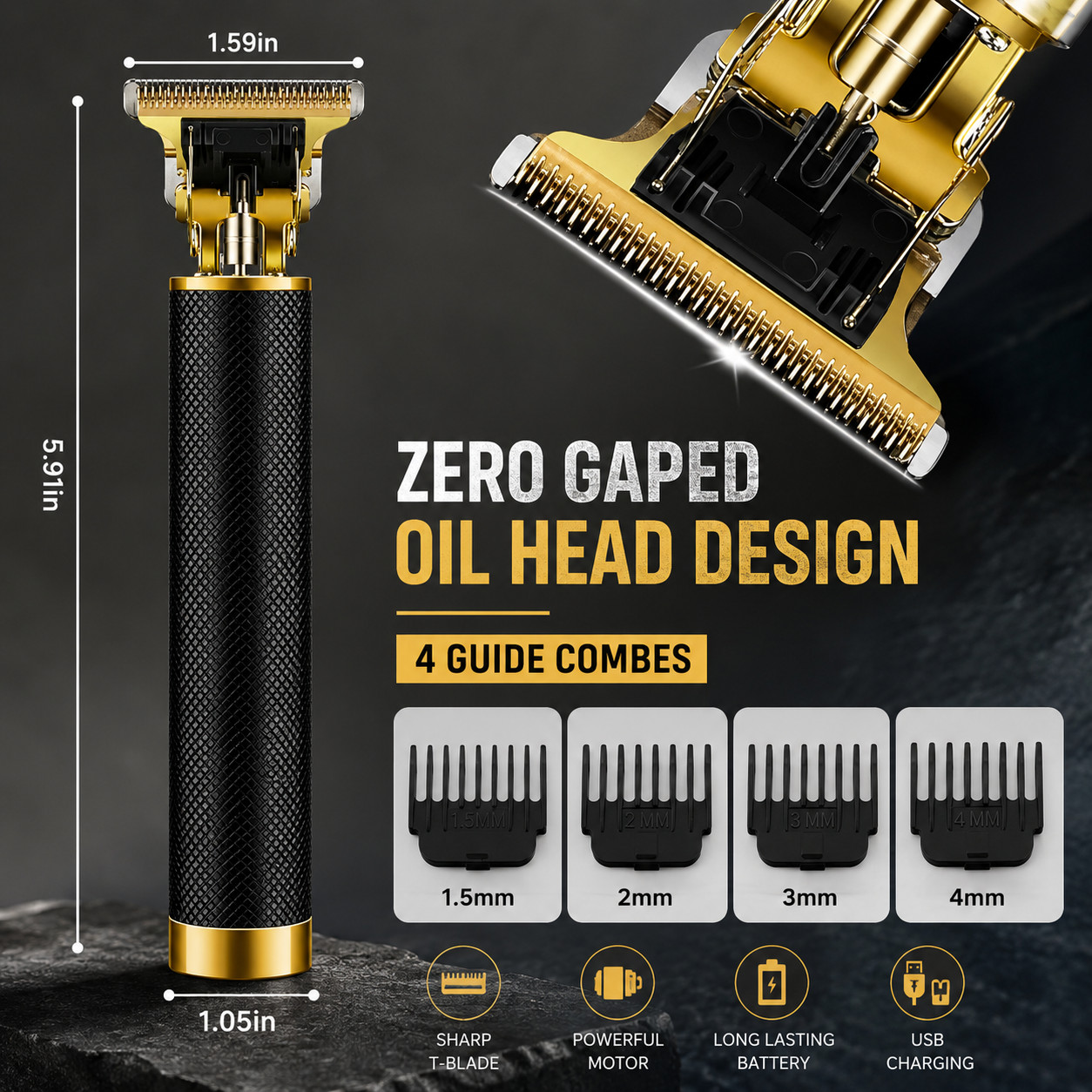 Vintage T9 Black Gold Cordless Hair Trimmer Clipper USB Rechargeable Men