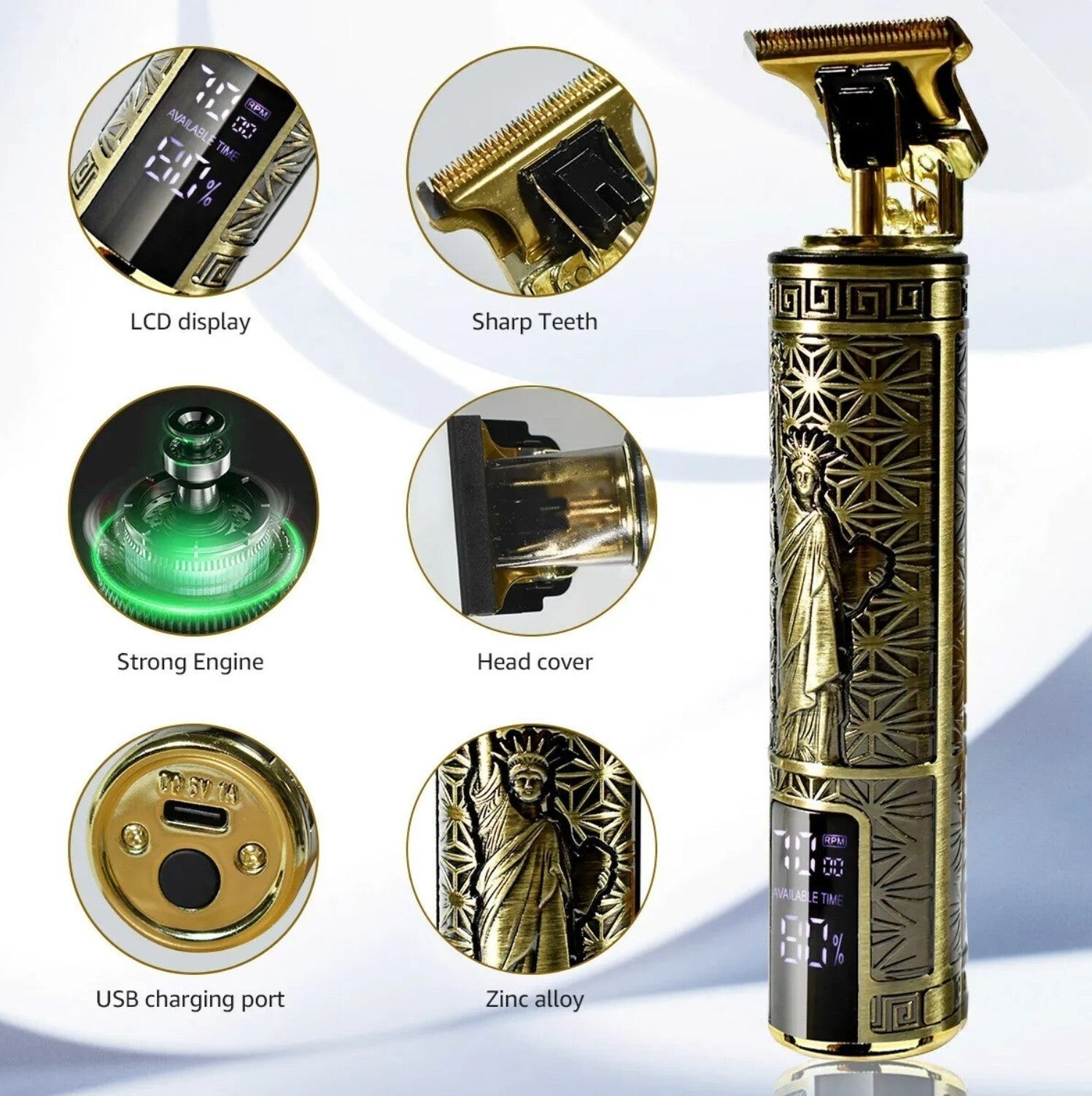 Gold T-Blade Trimmer Cordless USB Rechargeable LCD, 1-3mm, 15cm