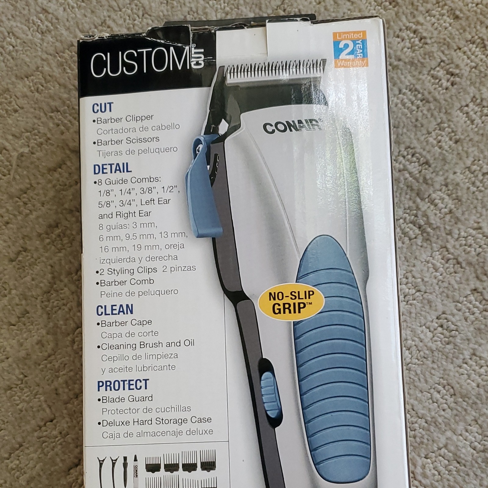 Conair Custom Cut Clipper Silver Blue Black No-Slip Grip Self-Sharpening Blades