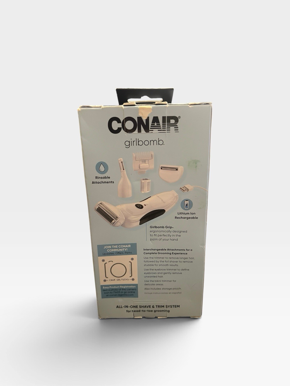 CONAIR GIRLBOMB ALL-IN-ONE SHAVE AND TRIM SYSTEM HEAD TO TOE GROOMING (27C)