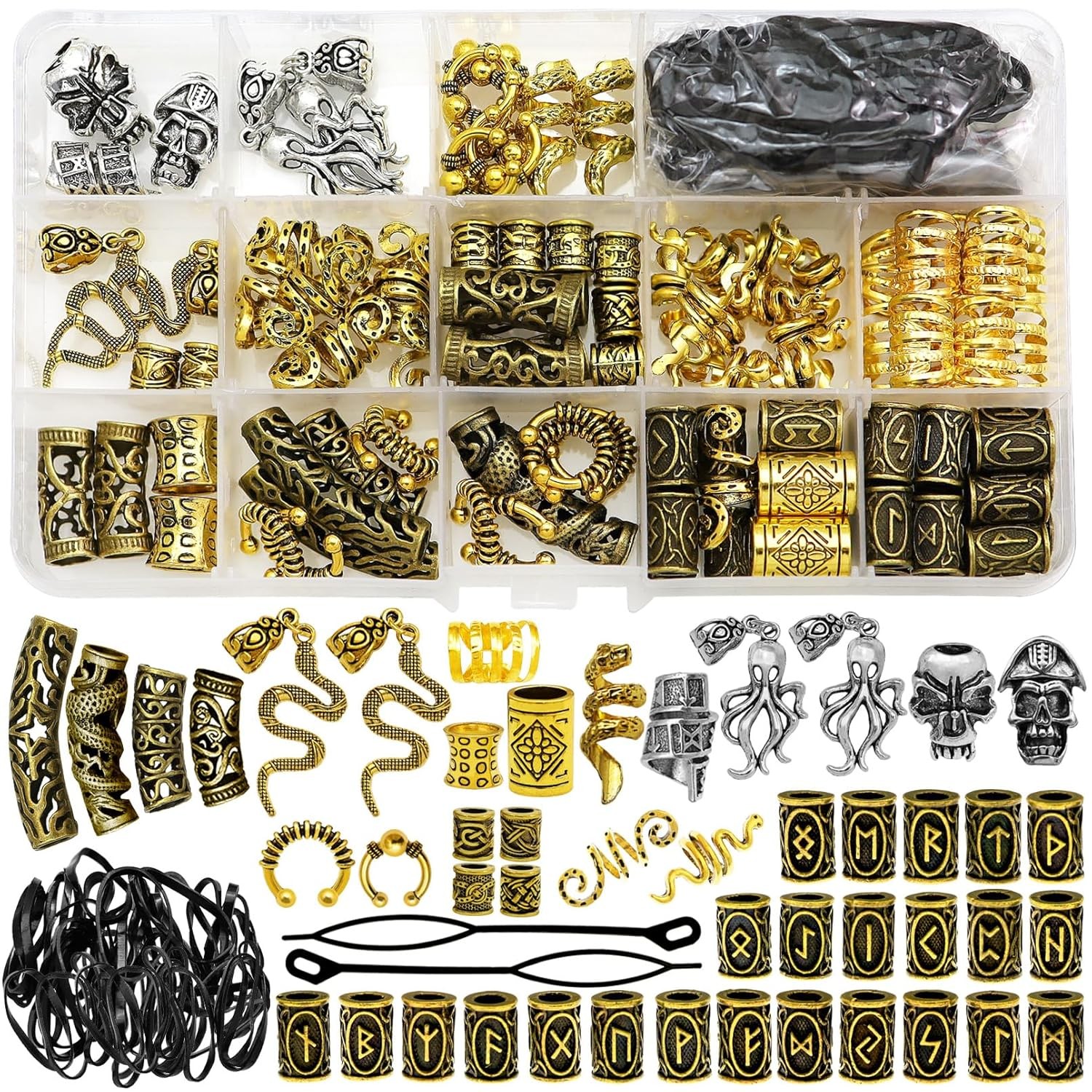 207Pcs Viking Hair Jewelry Nordic Runes Tube Beads,Accessories Gold n Silver