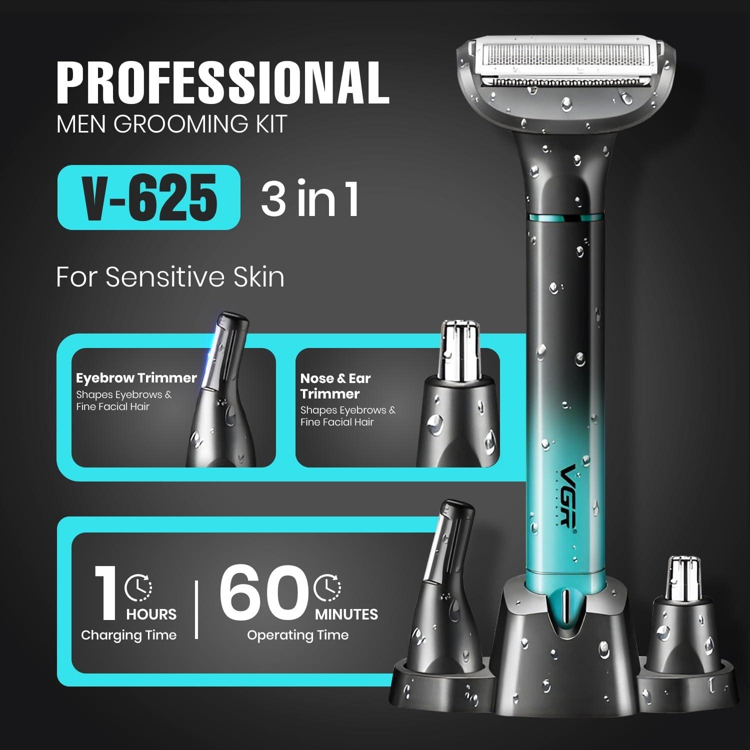 VGR V-625 Professional 3-in-1 Men’s Grooming Kit, 60-Minute Runtime, USB-C