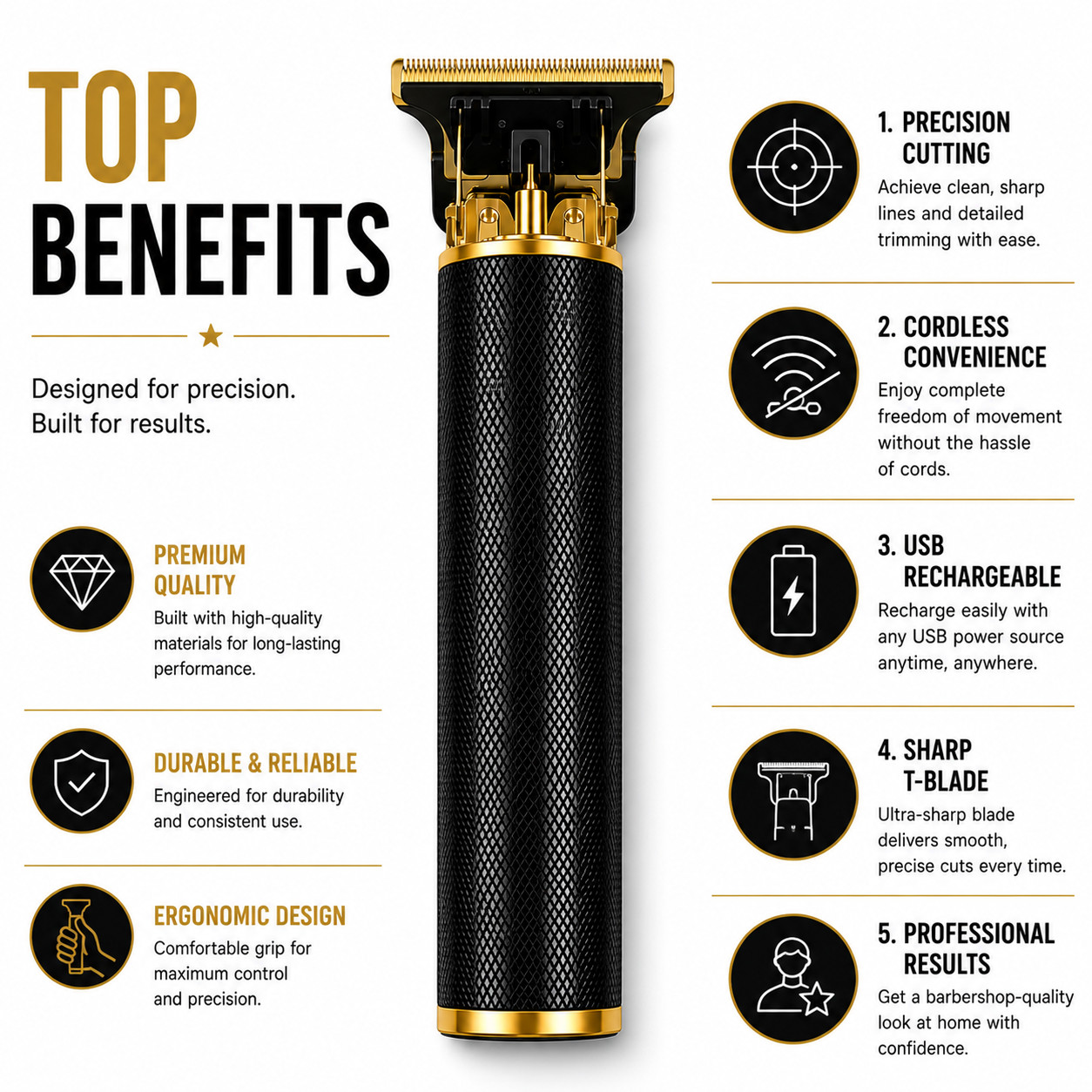 Vintage T9 Cordless Hair Trimmer Beard Clipper USB Rechargeable Gold Black