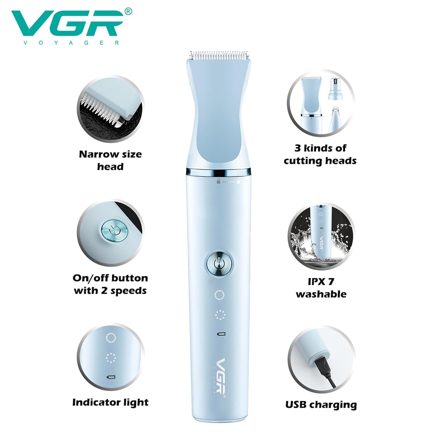 VGR V-205 3-in-1 Waterproof Pet Grooming Kit 120-Min Runtime Blue Edition
