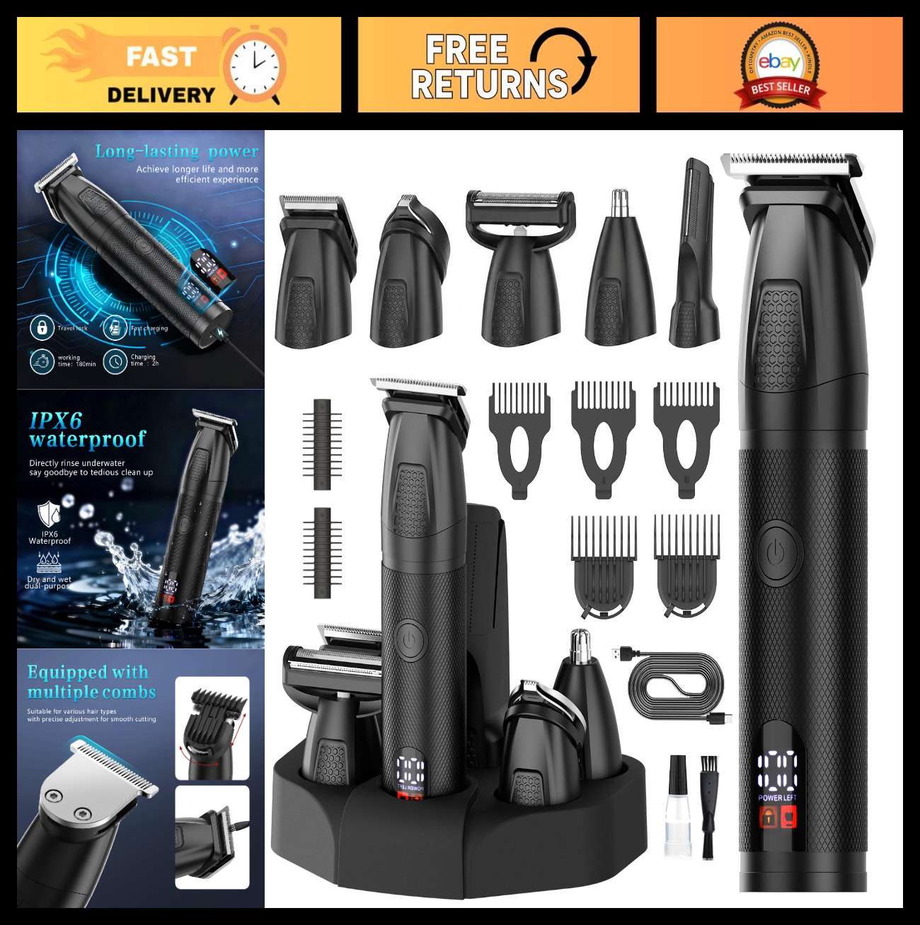 All-in-One Waterproof Beard & Body Trimmer for Men, Grooming Kit, Hair Clippers