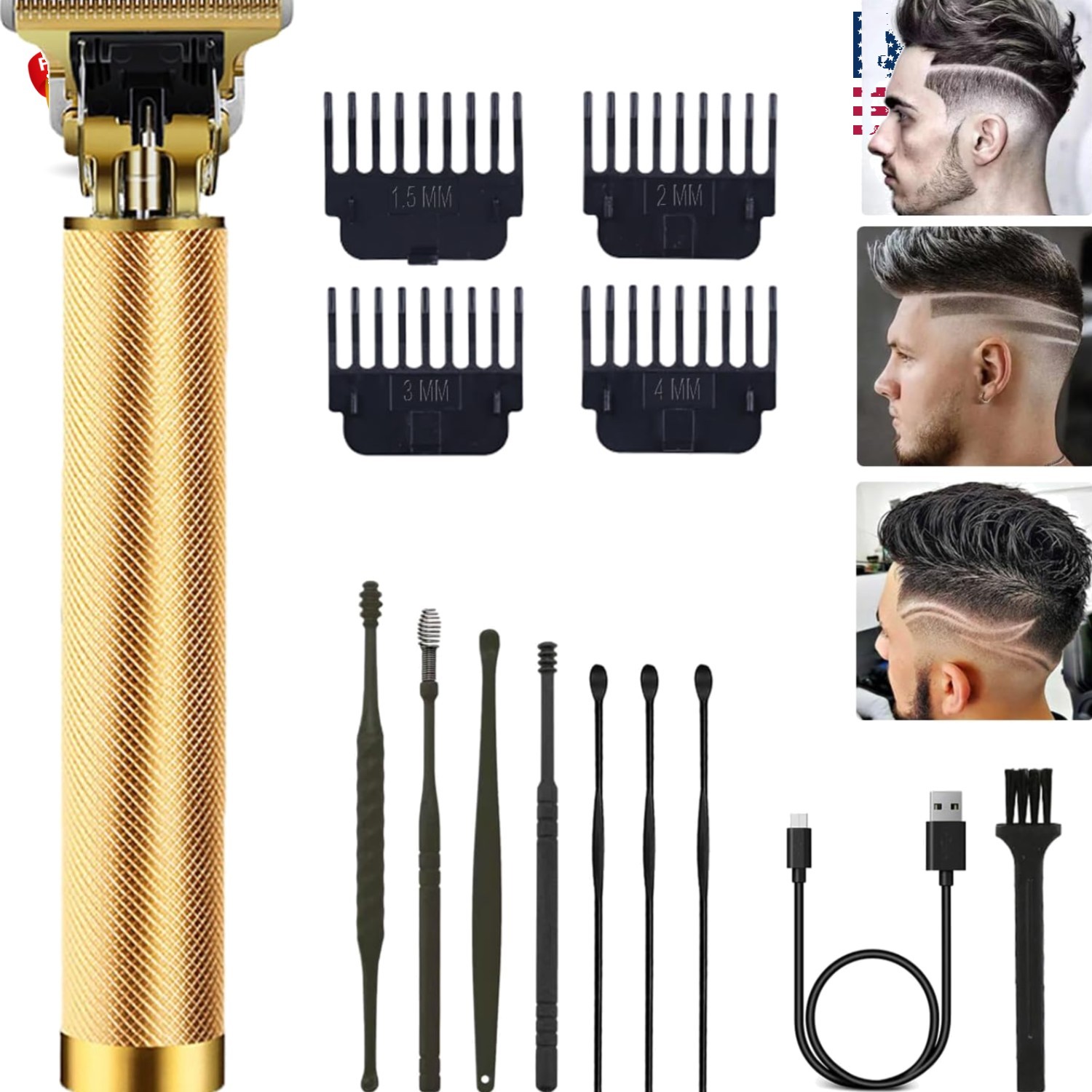 Cordless Professional Hair Cutting Kit with Ear Spoon Tools – Gold Finish
