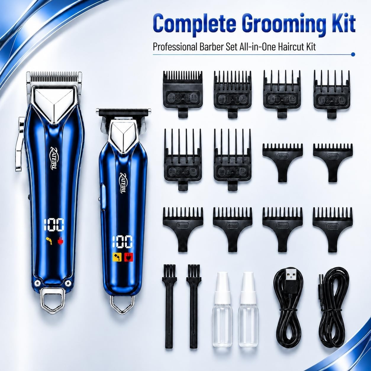 Cordless Hair Clipper & T Blade Trimmer Set Hair Cutting Grooming Kit Blue USB
