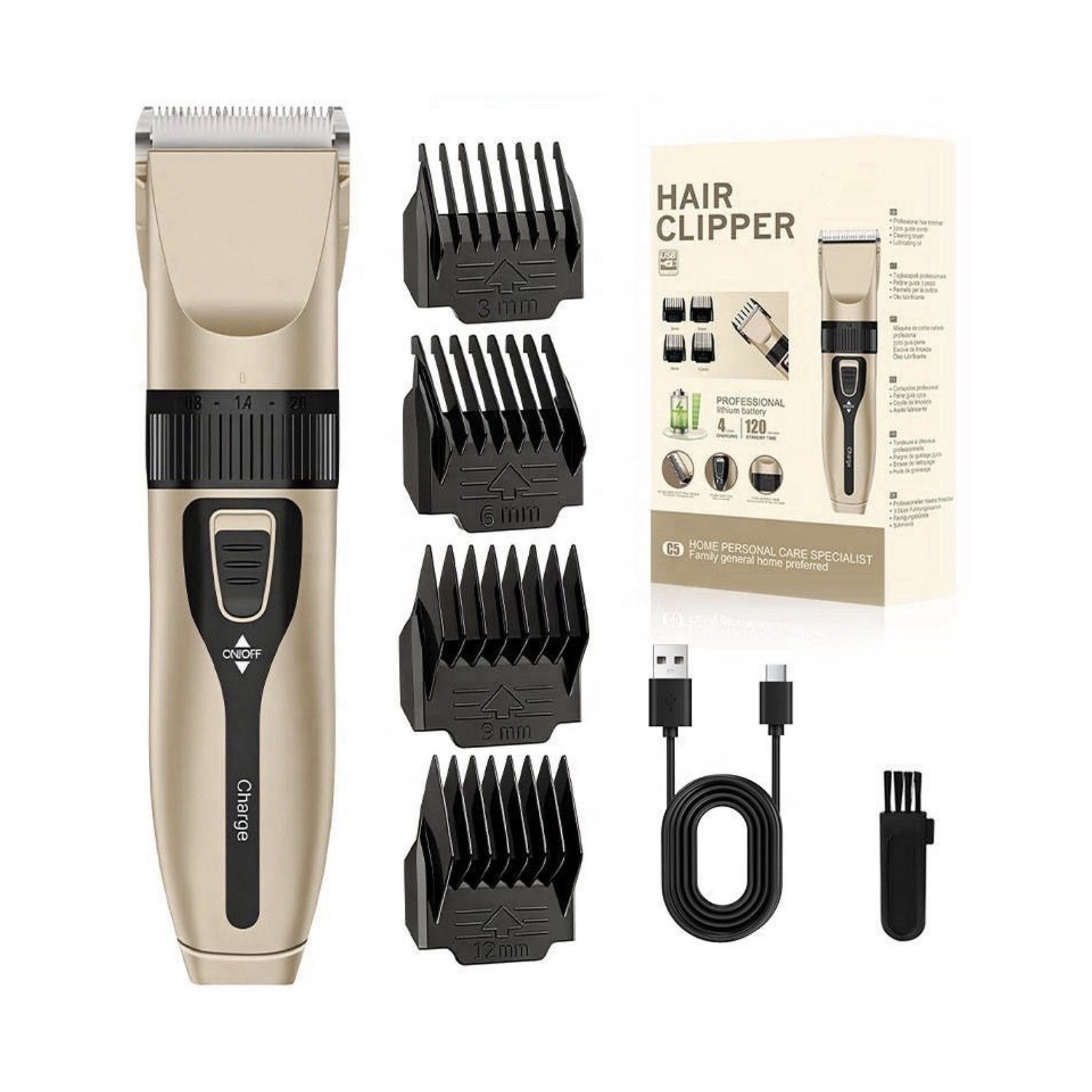 C5 Hair Clipper Cordless Rechargeable USB, 4 Guards 3/6/9/12mm Gold/Black