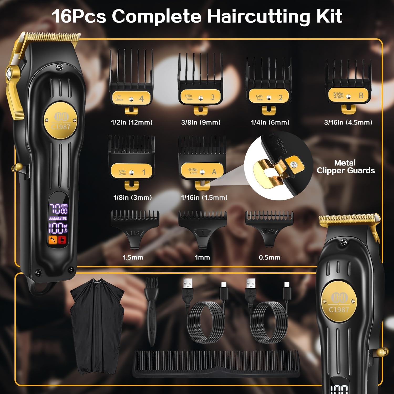 Cordless Hair Clippers & Trimmers Set | Professional Haircut Kit, USB Rechargeab