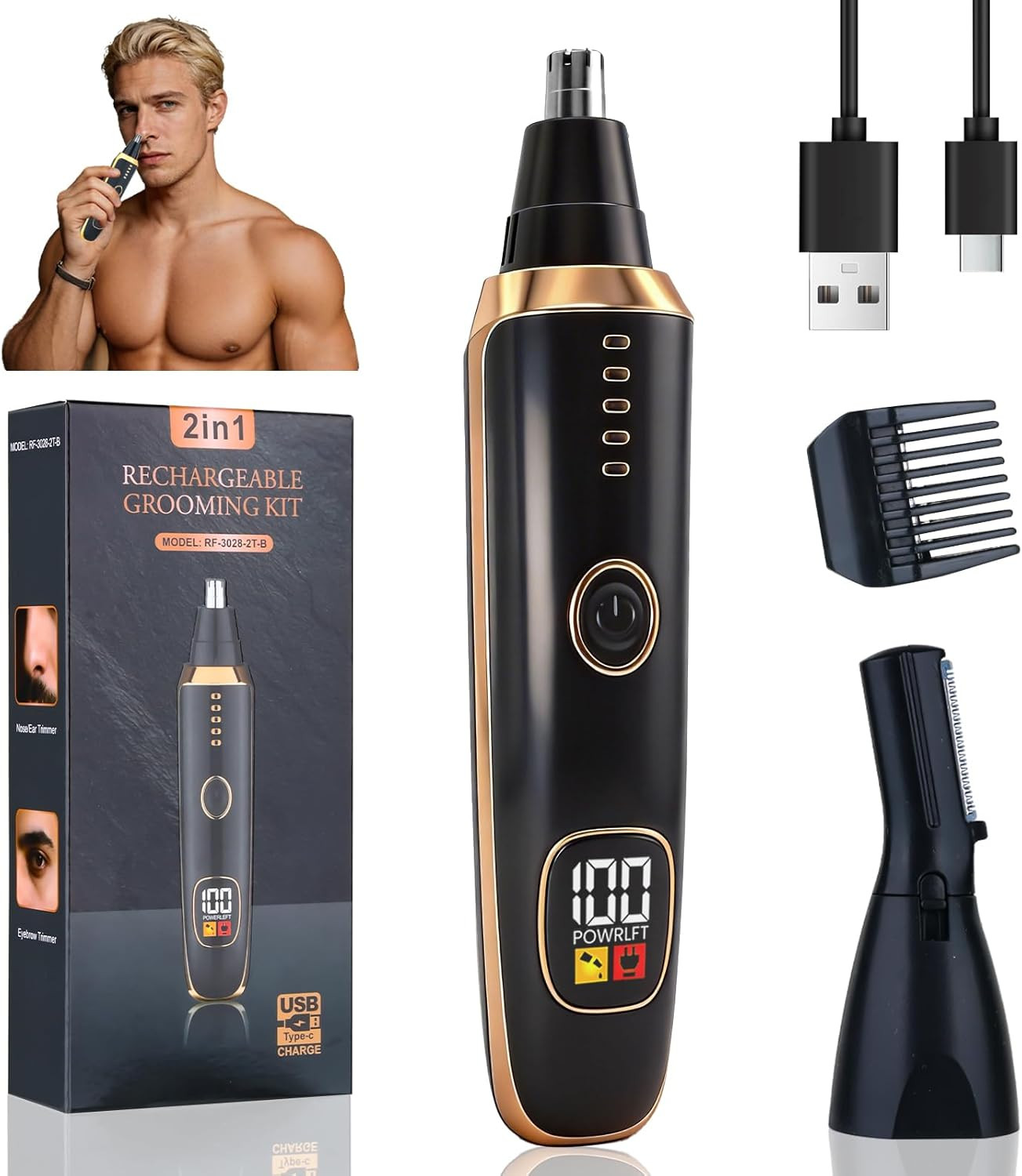2-in-1 Nose & Ear Hair Trimmer with LED Display USB Rechargeable Waterproof