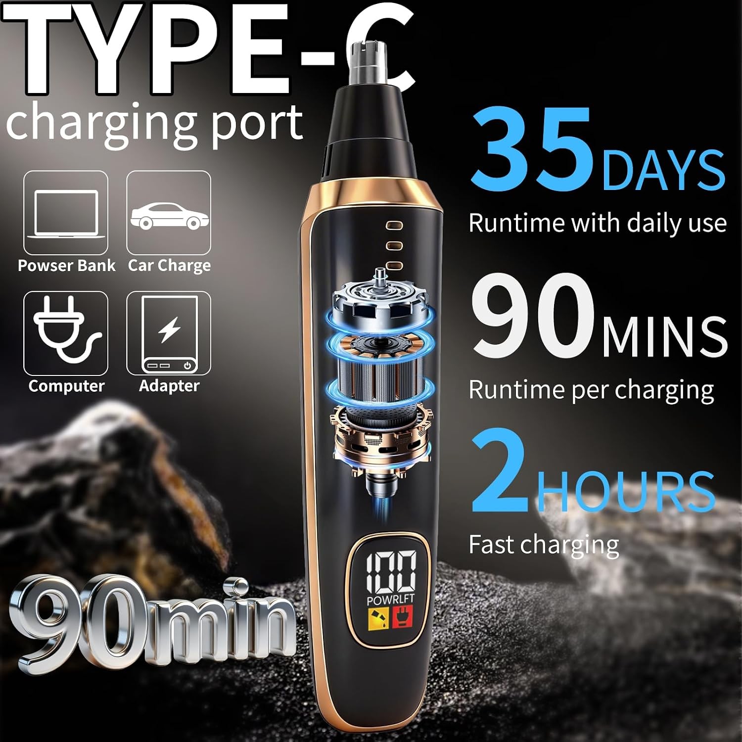 2-in-1 Nose & Ear Hair Trimmer with LED Display USB Rechargeable Waterproof