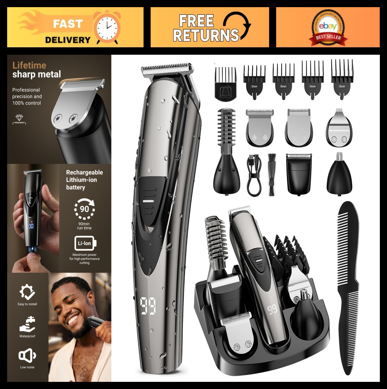 12-in-1 Rechargeable Beard Trimmer & Hair Clippers – Waterproof, Turbo Speed, 6