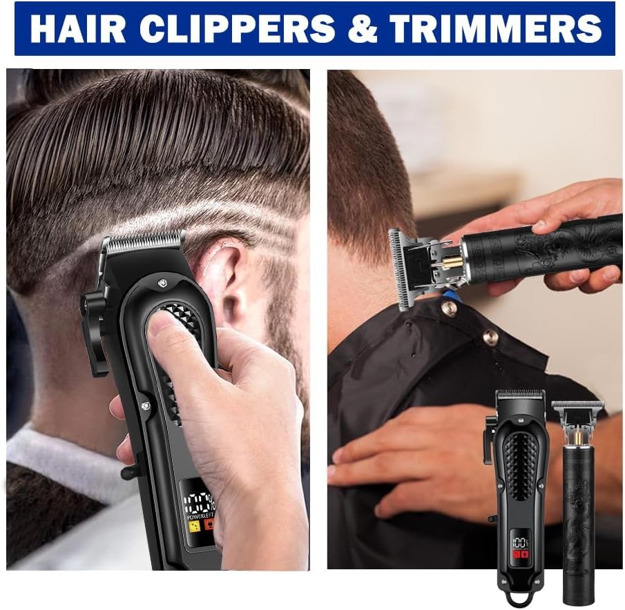 LCD Cordless Hair Clippers for Men, Beard Trimmer & Hair Cutting Kit | 8 Guide C