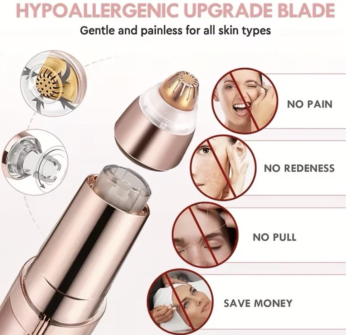 Rechargeable Cordless Eyebrow Trimmer w/ LED Light, USB Charging, Rose Gold