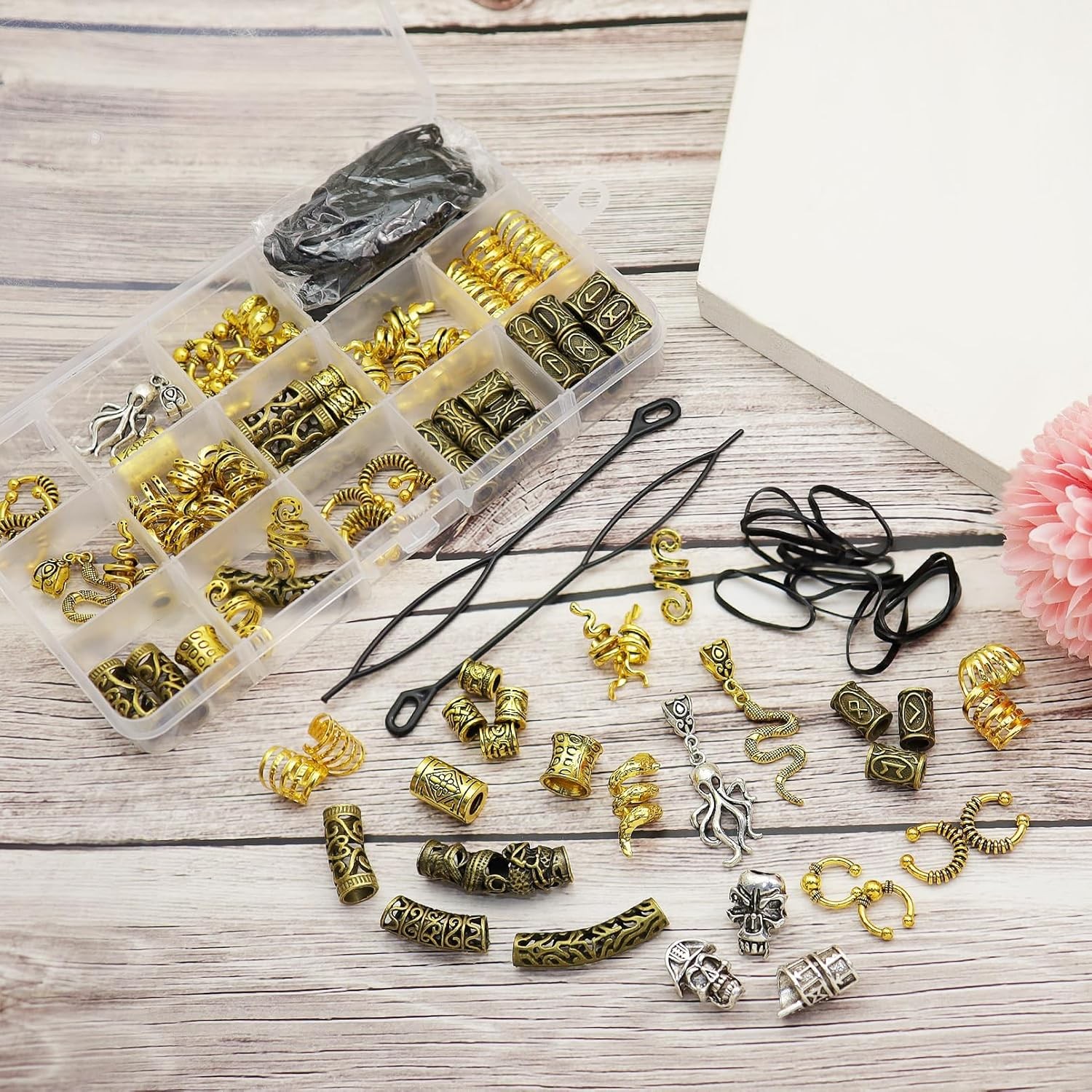 207Pcs Viking Hair Jewelry Nordic Runes Tube Beads,Accessories Gold n Silver