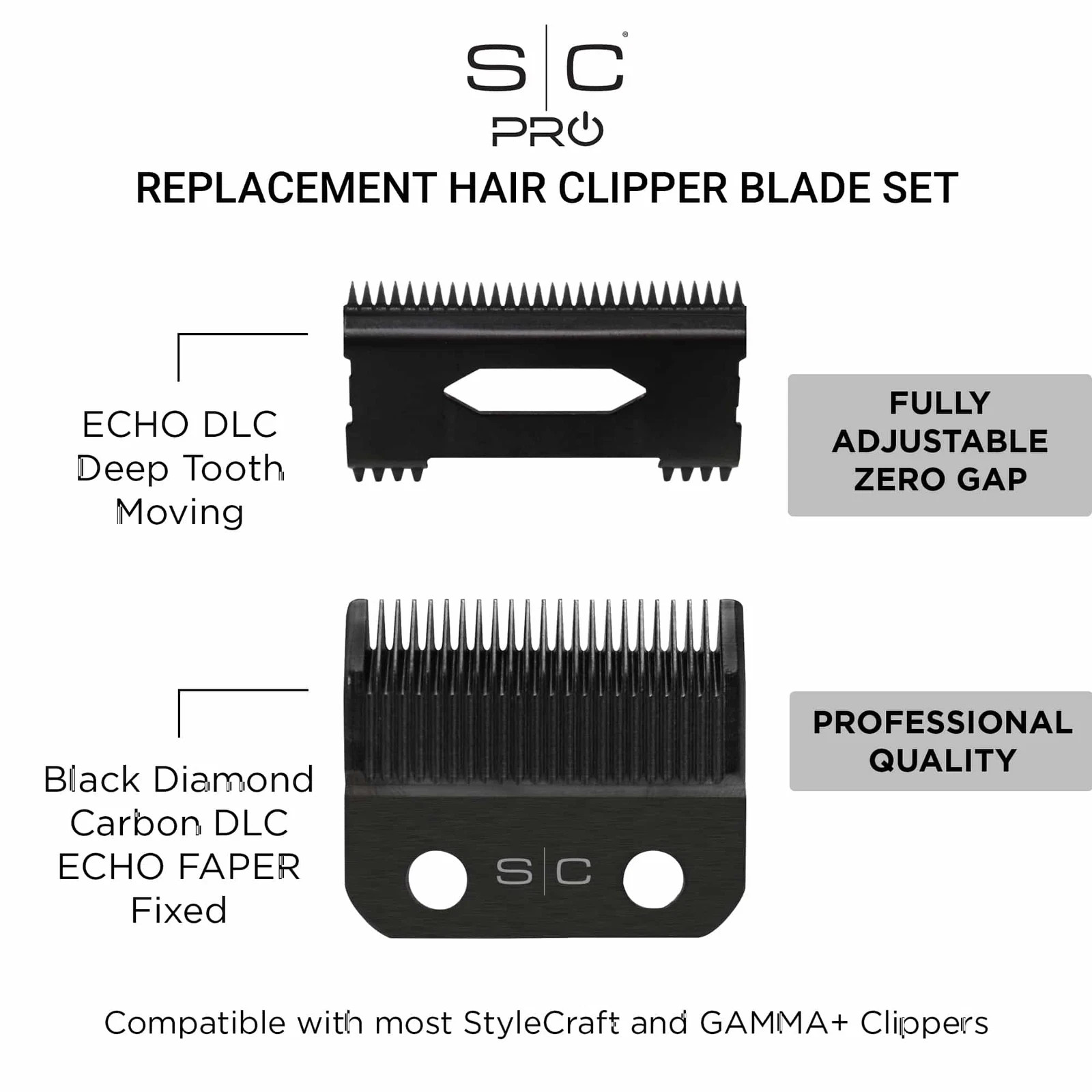 StyleCraft PRO Replacement ECHO Clipper Blade DLC Deep Tooth Cutter Set #SC545BL