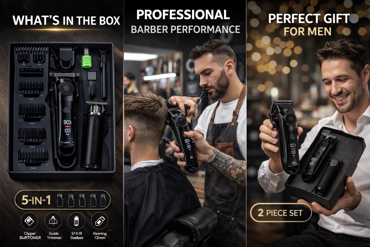 Professional Hair Clipper & Trimmer Set LCD Display USB Barber Kit Men