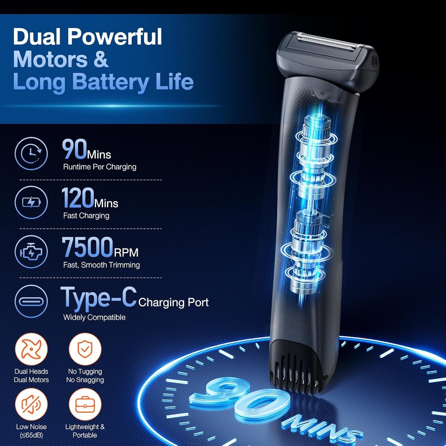 Cordless Electric Body Shaver with Ceramic Blades & 100-Minute Runtime