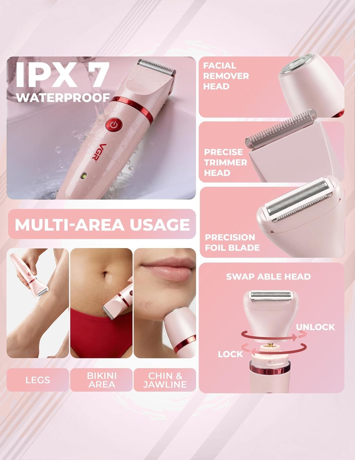 VGR V-735 Professional 3-in-1 Waterproof Women’s Body Facial Bikini Trimmer