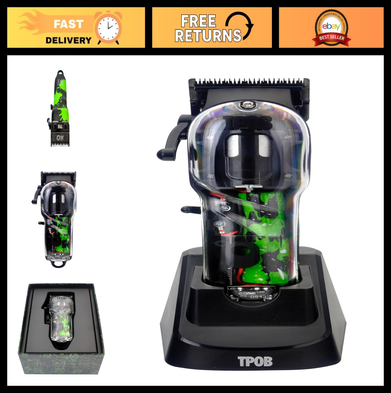 Professional Hair Clippers Set – TPOB Slime 2, Black with Colorful Splatts, Salo