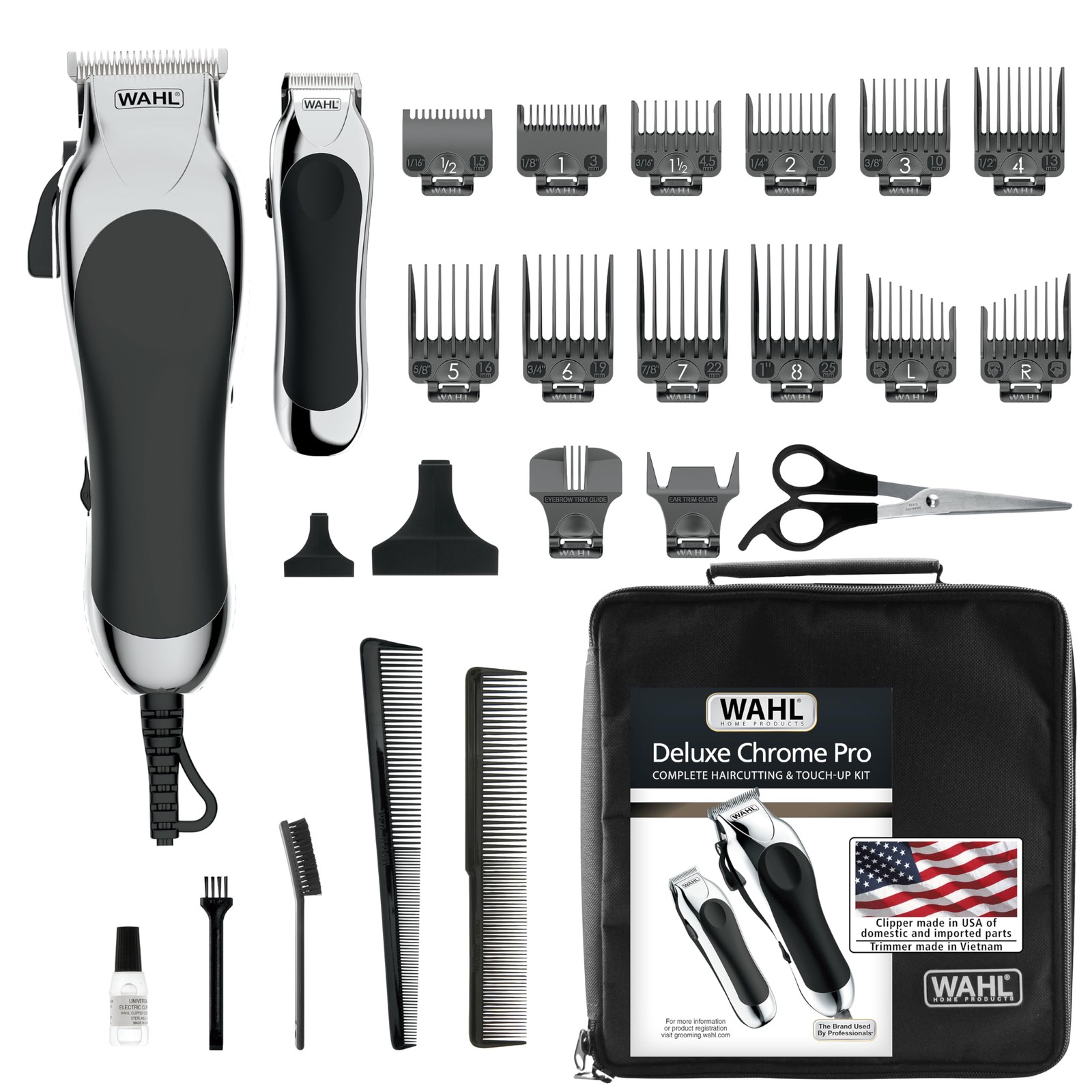 Wahl Clipper USA Deluxe Corded Chrome Pro 25 Piece Set, Black & Silver