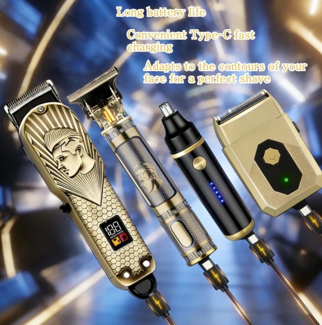 MEN’S GOLD 4-IN-1 CORDLESS HAIR CLIPPERS & BEARD TRIMMER WITH ELECTRIC SHAVER…