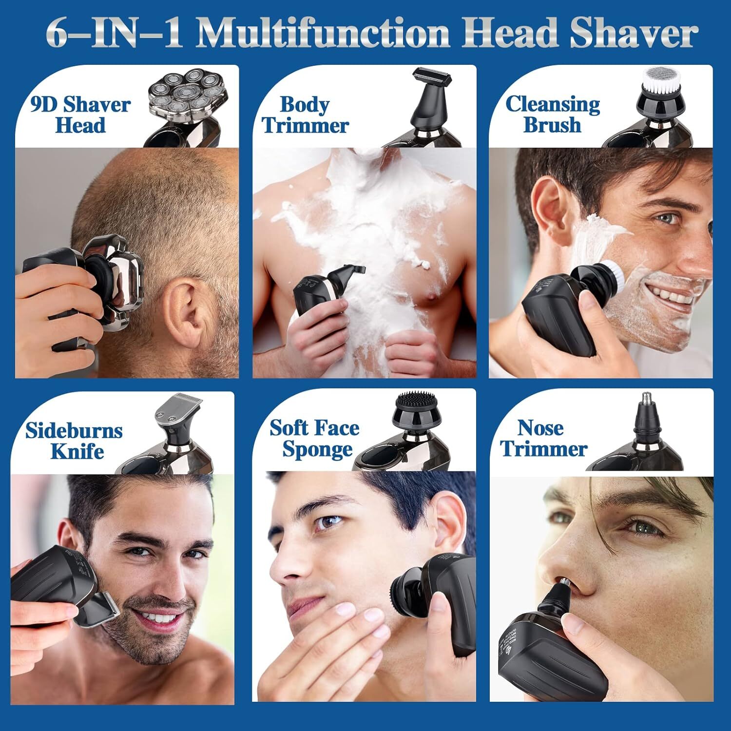 6in1 Electric Shaver Wet/Dry Trimmer Rotary Razor Beard Shaving USB Rechargeable