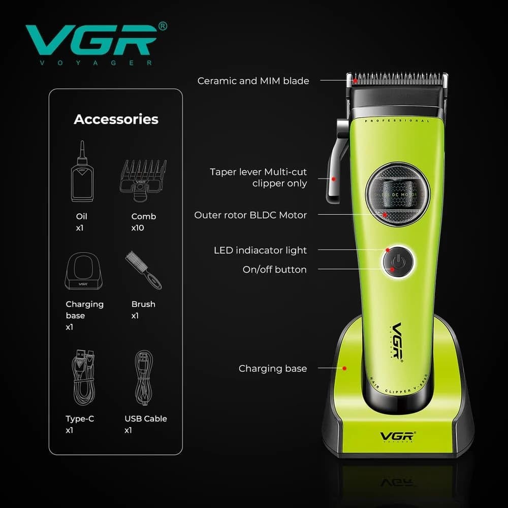 VGR 880C Cordless Hair Clipper 7200RPM Ceramic Blade Charging Base Green
