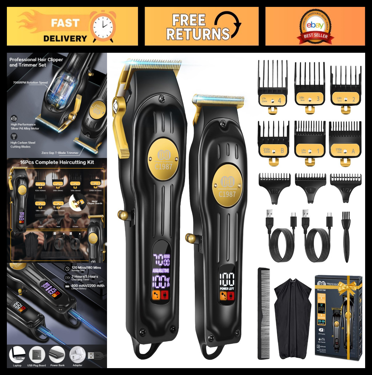 Cordless Hair Clippers & Trimmers Set | Professional Haircut Kit, USB Rechargeab