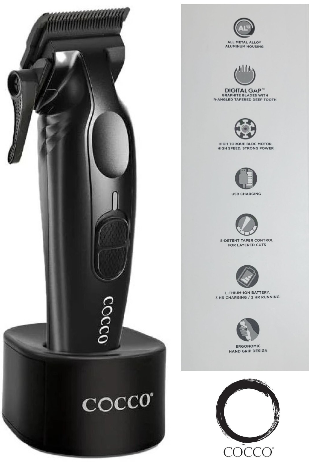 COCCO Veloce Pro MATTE BLACK Clipper Brushless Motor, Digital GAP GREPHENE Blade