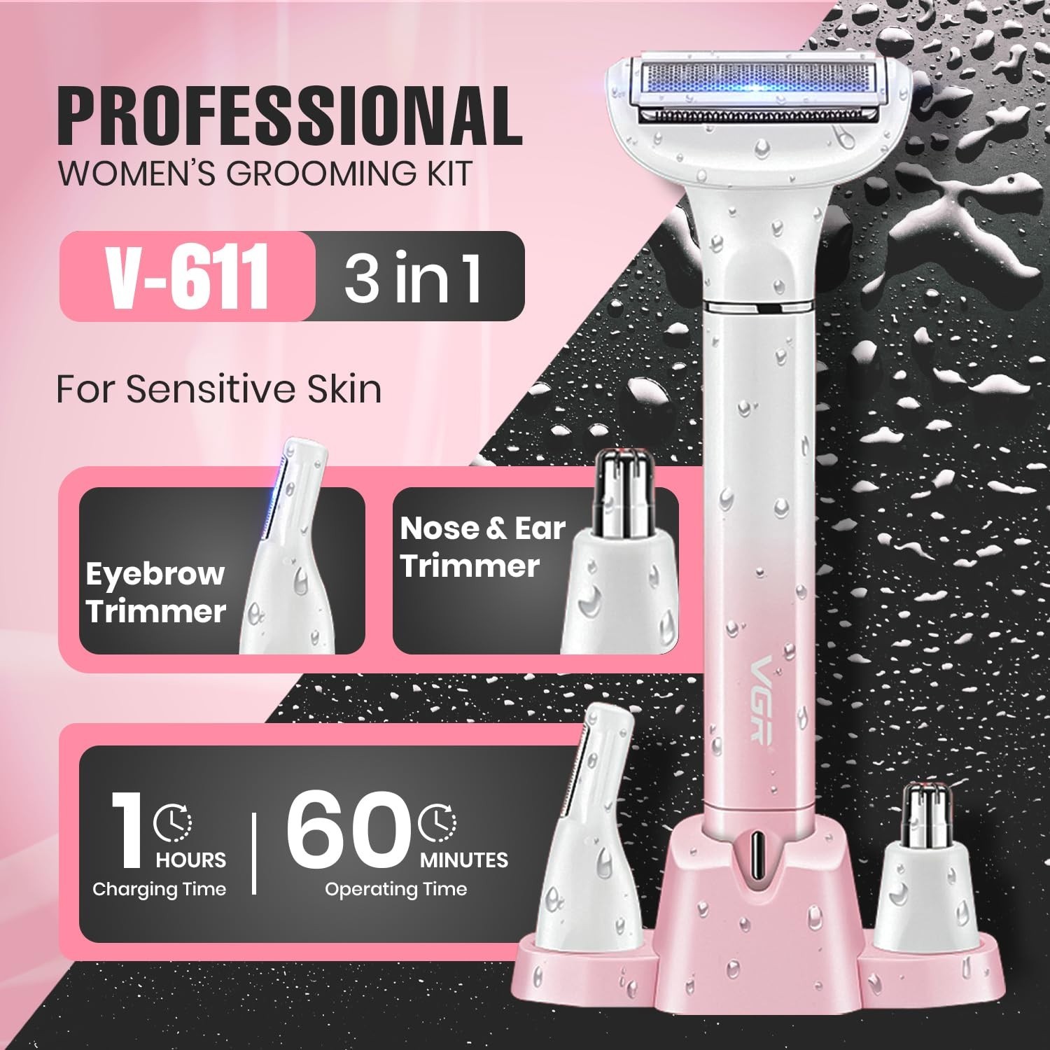 VGR V-611 Bikini Trimmer for Women, Safe Grooming, Type-C Charging, Waterproof