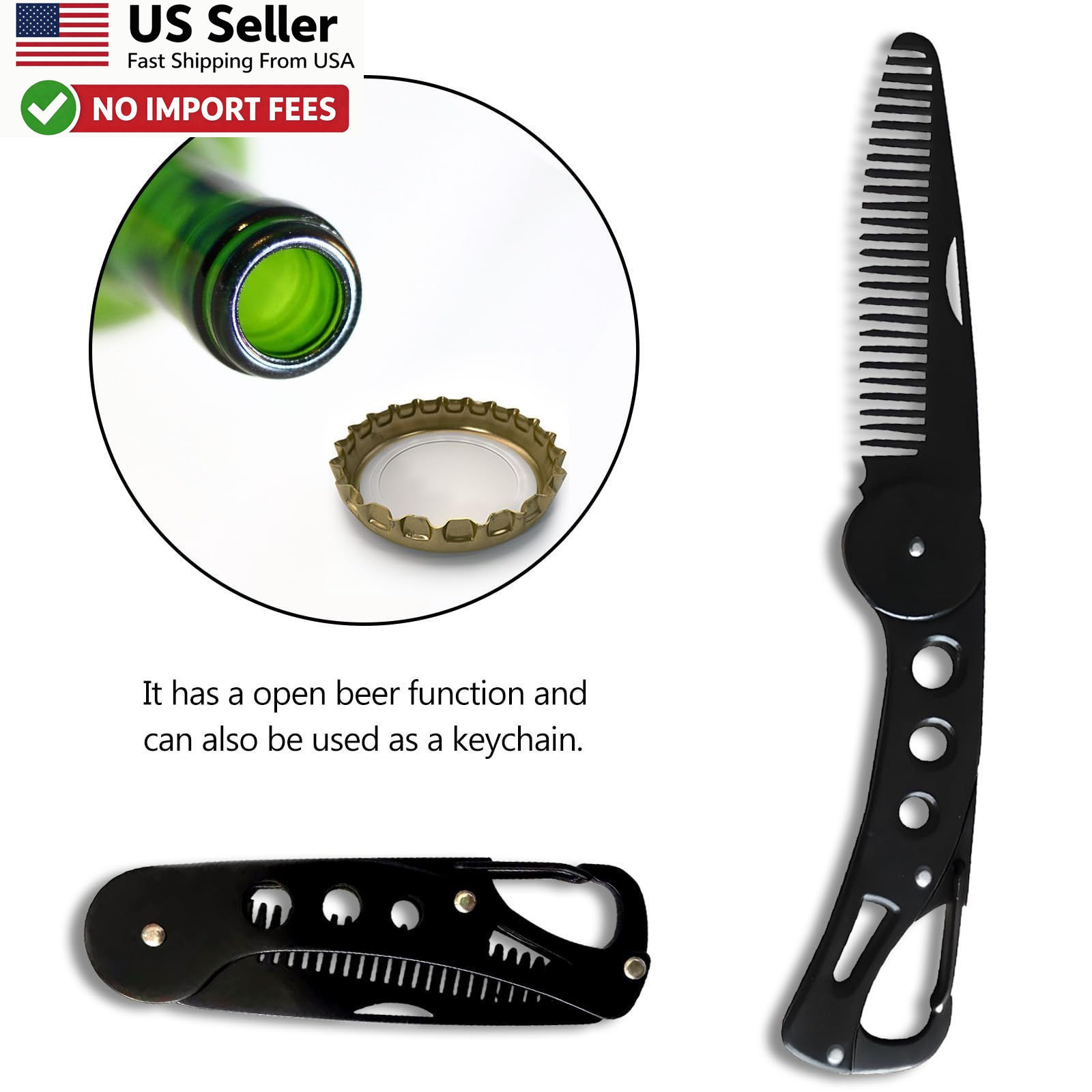 Stainless Steel Folding Beard Comb Portable Anti Static w Leather Case FROM USA