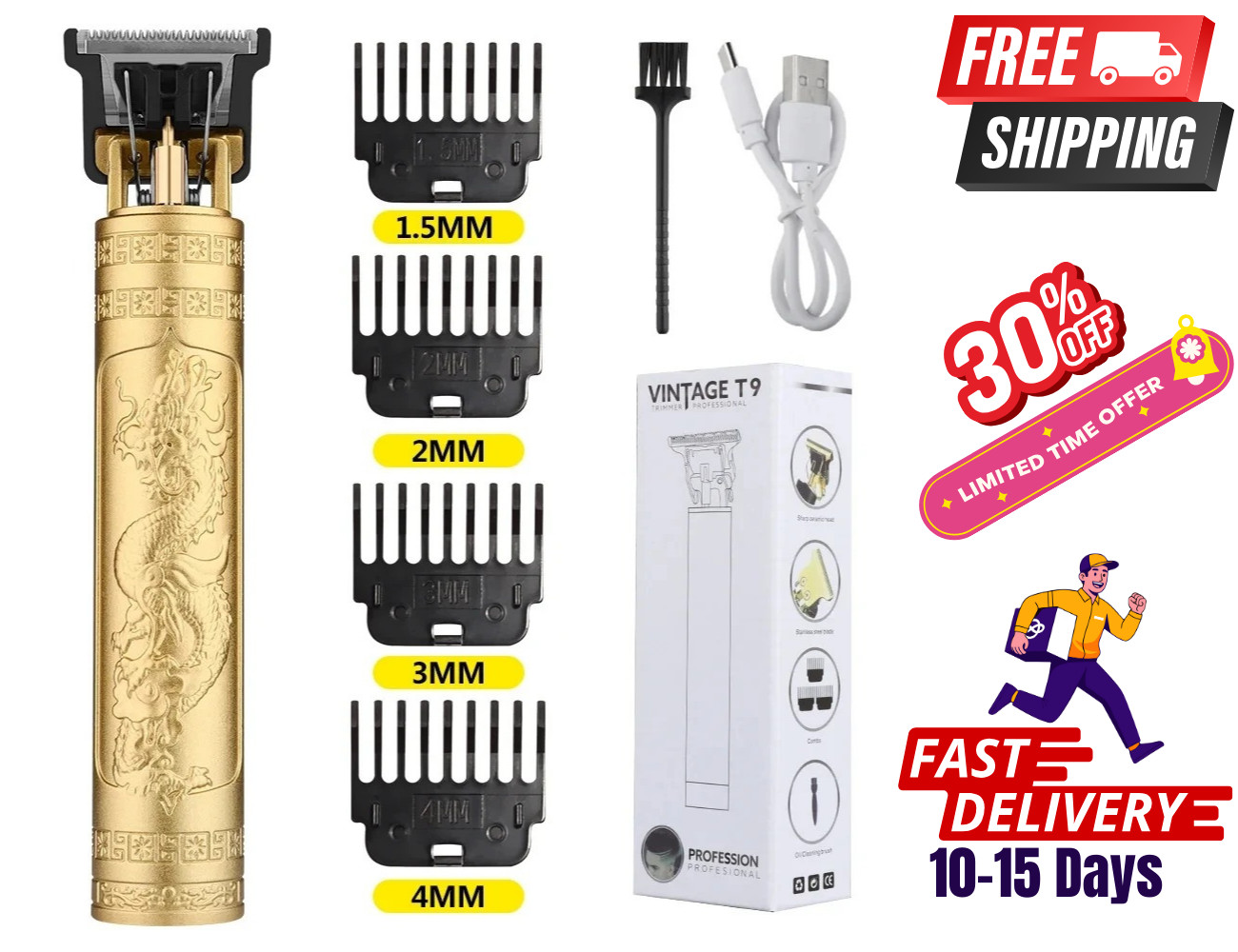 Professional T9 Vintage Hair Trimmer Zero Gapped Cordless Clipper Shaver Men