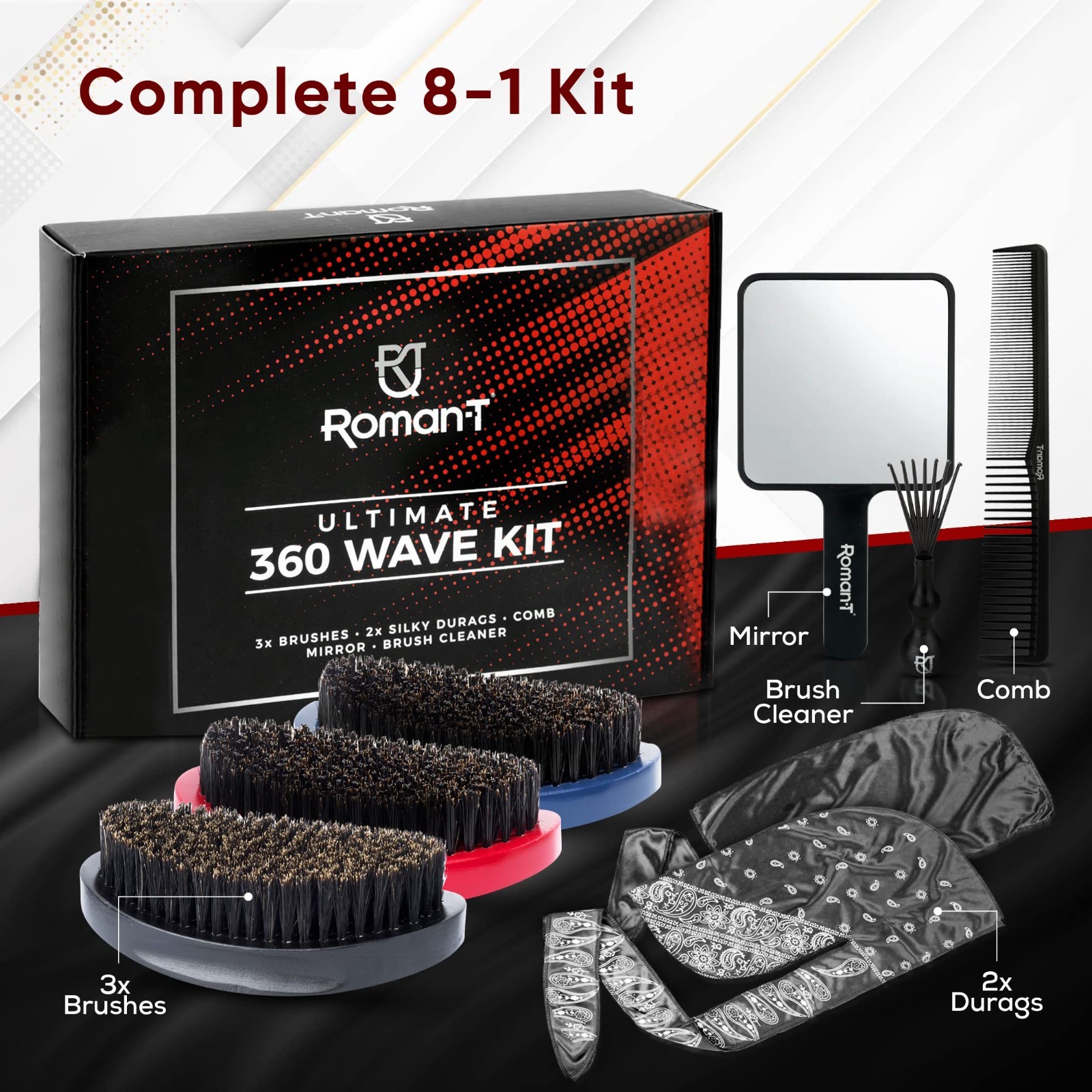8-in-1 360 Wave Grooming Kit for Men – 3 Wave Brushes, Satin Durags, Mirror & Co