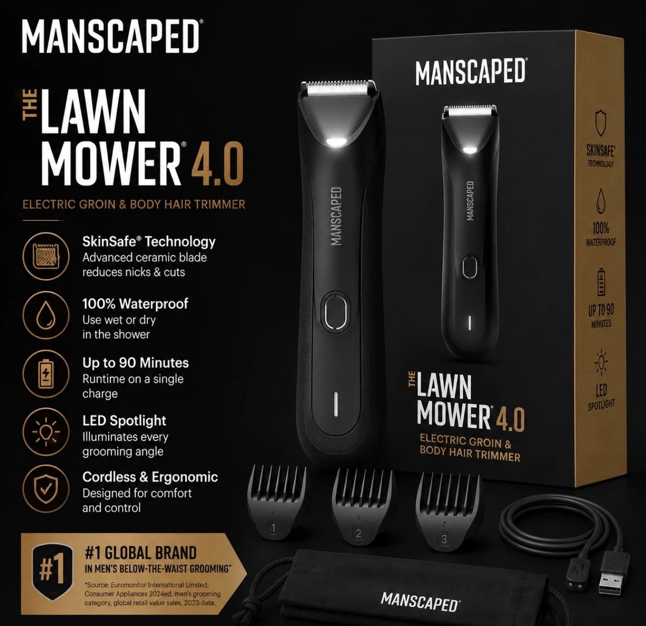 Manscaped Lawn Mower 4.0 Body/Groin Trimmer Black Waterproof Cordless LED