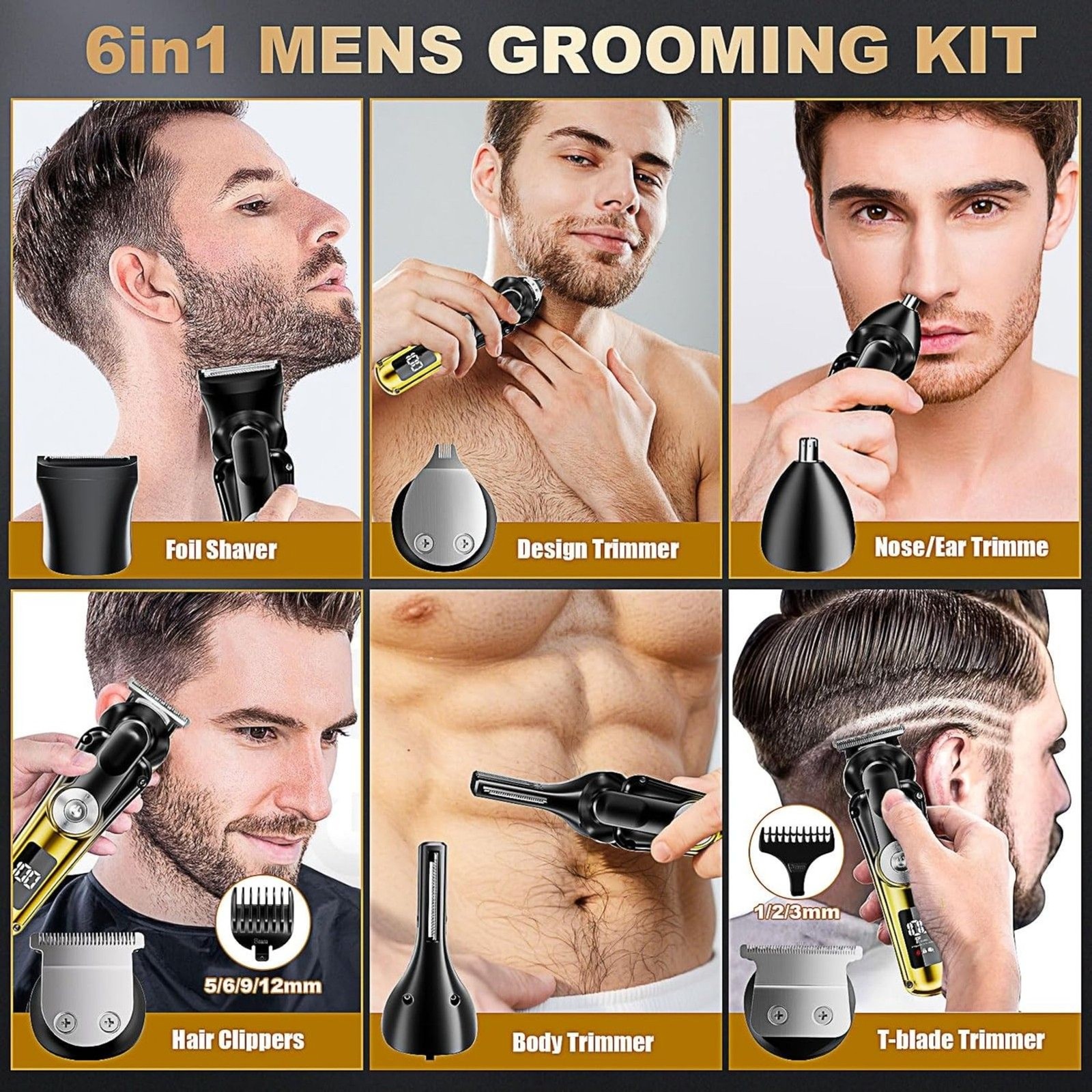6-in-1 Men’s Hair Clipper Beard Trimmer Waterproof Cordless Grooming Kit