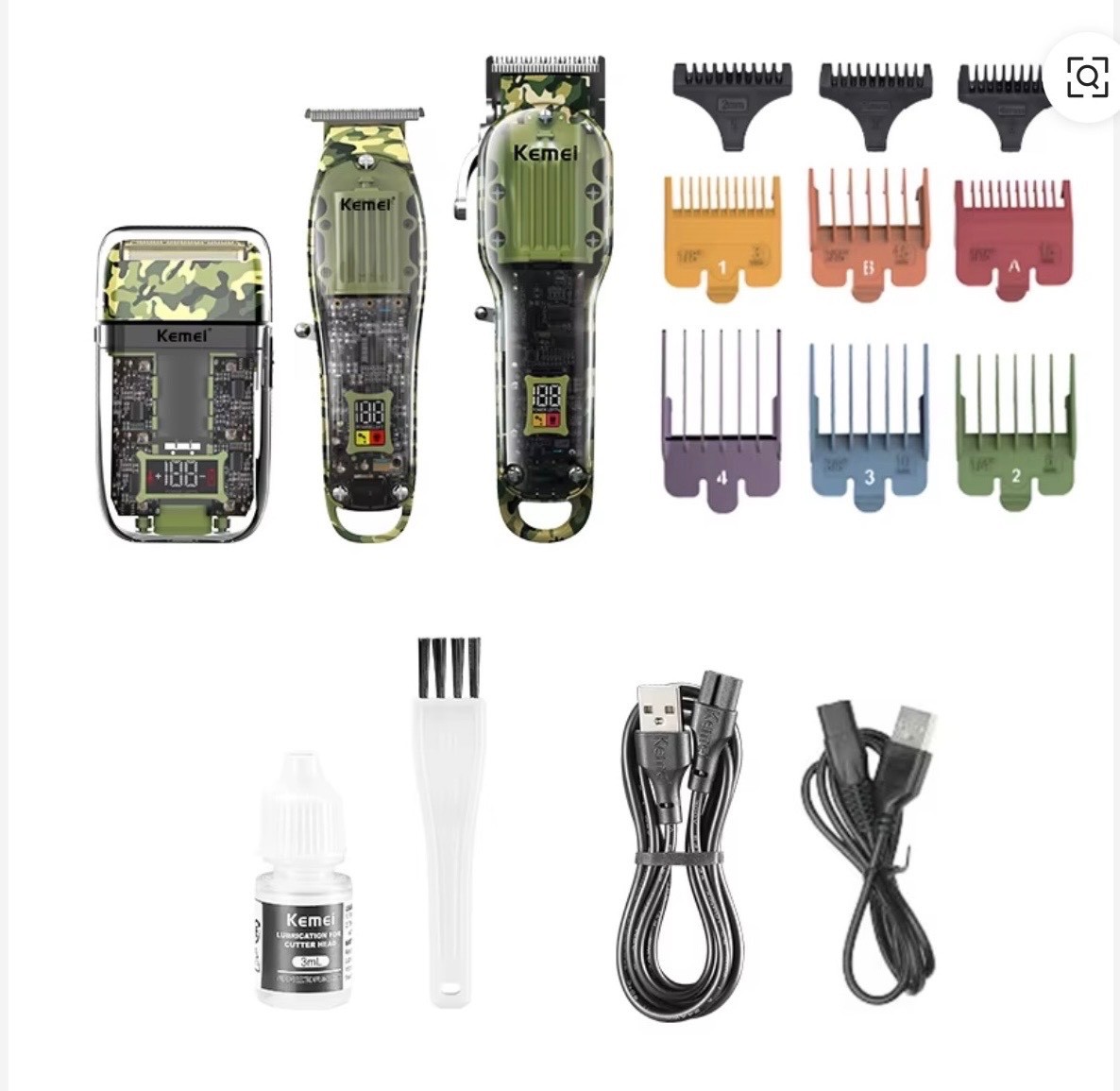 KEMEI professional hair clippers set for men, 17 in 1, transparent camo color