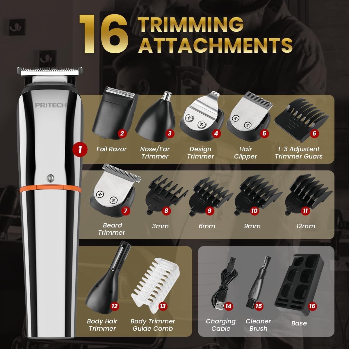 PRITECH 6-in-1 Men’s Grooming Kit: Beard Trimmer, Hair Clipper, Wet/Dry